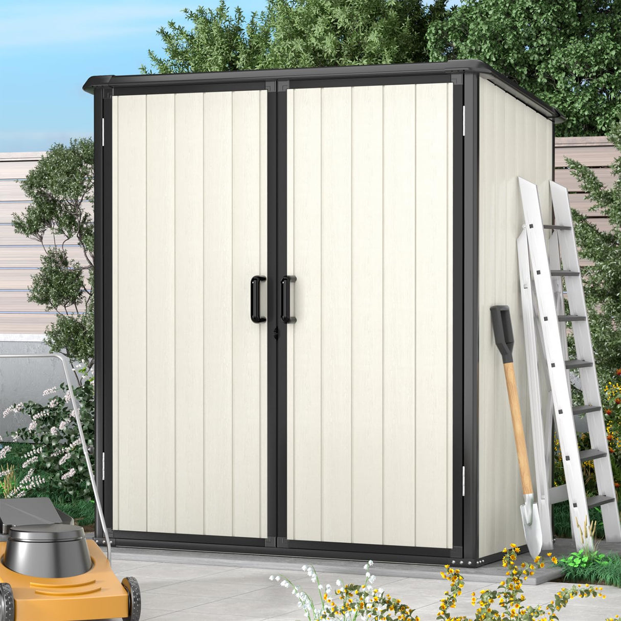 Aoxun Outdoor Storage Shed 5 x 3FT, Resin Shed with Floor and Lockable Door, Plastic Shed for Bike, Garbage Can, Tool, Accessories, Lawn, Garden - Beige Aoxun