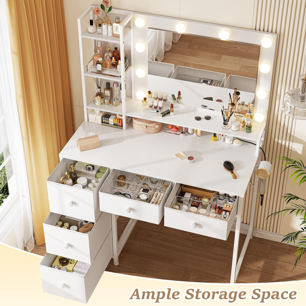 EnHomee White Vanity Desk with Mirror and Lights, Vanity Desk with 5 Fabric Drawers & Power Outlet, 3 Lighting Modes Adjustable Brightness, Bedroom Dressing Table, White EnHomee