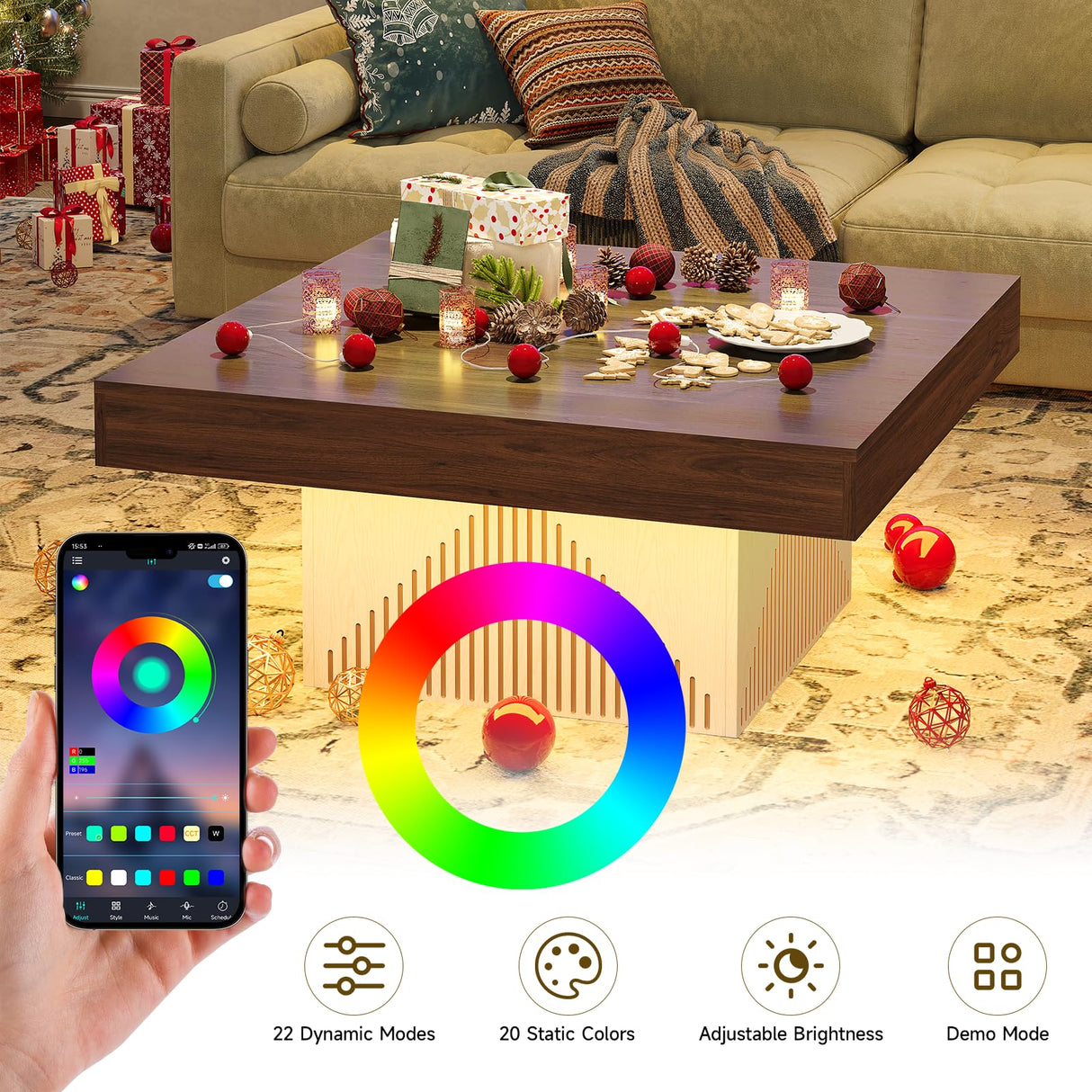 ONBRILL Coffee Table, Square Coffee Table with LED, Wood Low Coffee Table for Living Room, Center Table for Living Room, Natural Wood Grain - Rustic Brown+White ONBRILL