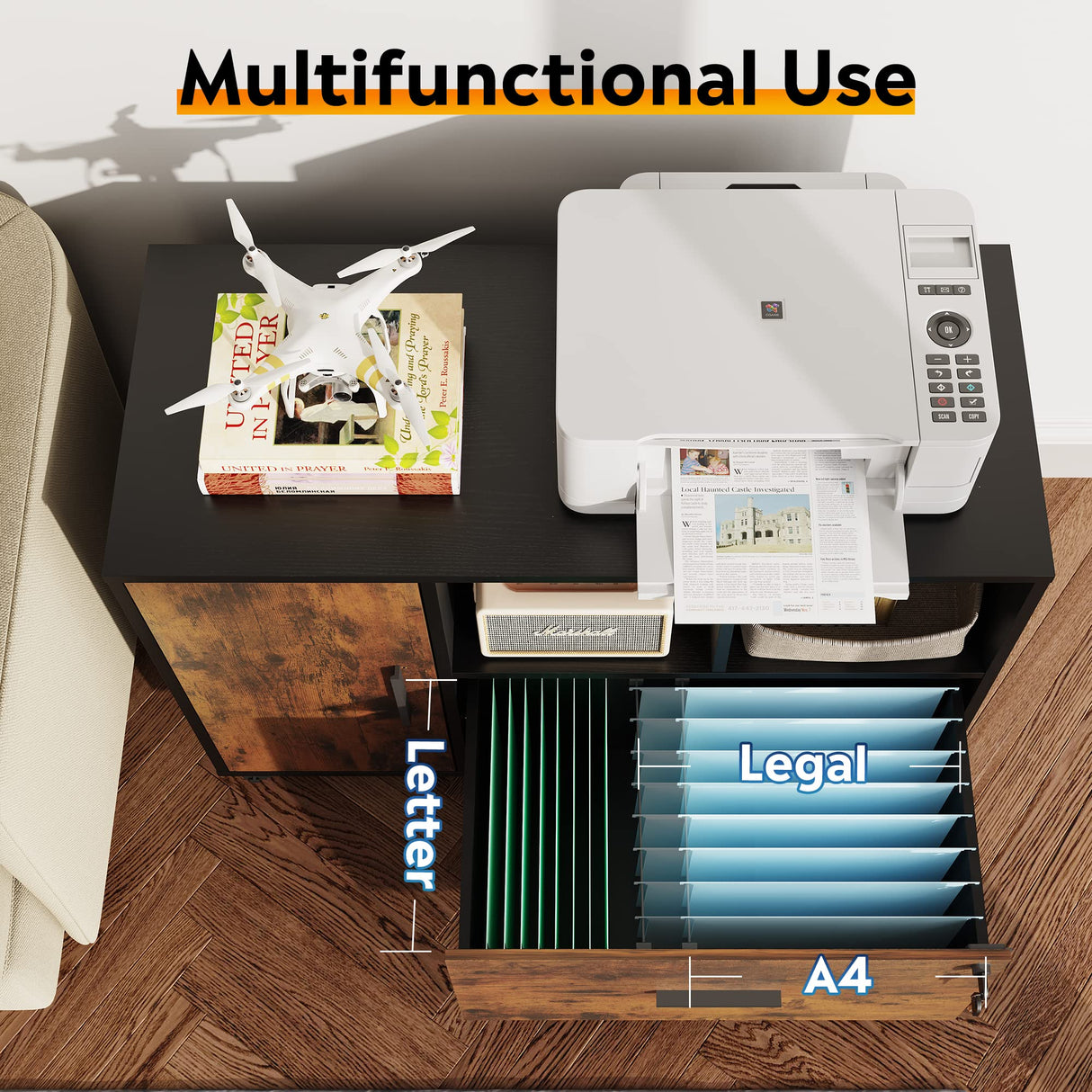 DEVAISE File Cabinet with Lock, 1 Drawer Rolling File Cabinet, Wood Lateral Filing Cabinet for Home Office, Printer Stand with Storage, Rustic Brown DEVAISE