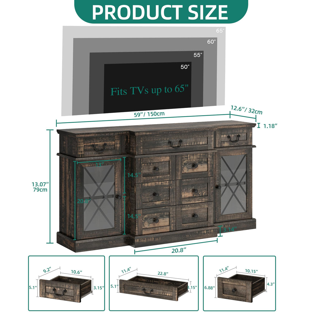 YITAHOME Television Stand for 65/55 Inch TV, Farmhouse TV Stand with 9 Drawers, Adjustable Shelves and Tempered Glass Doors, Entertainment Center TV Media Console for Living Room, Dark Rustic Oak YITAHOME