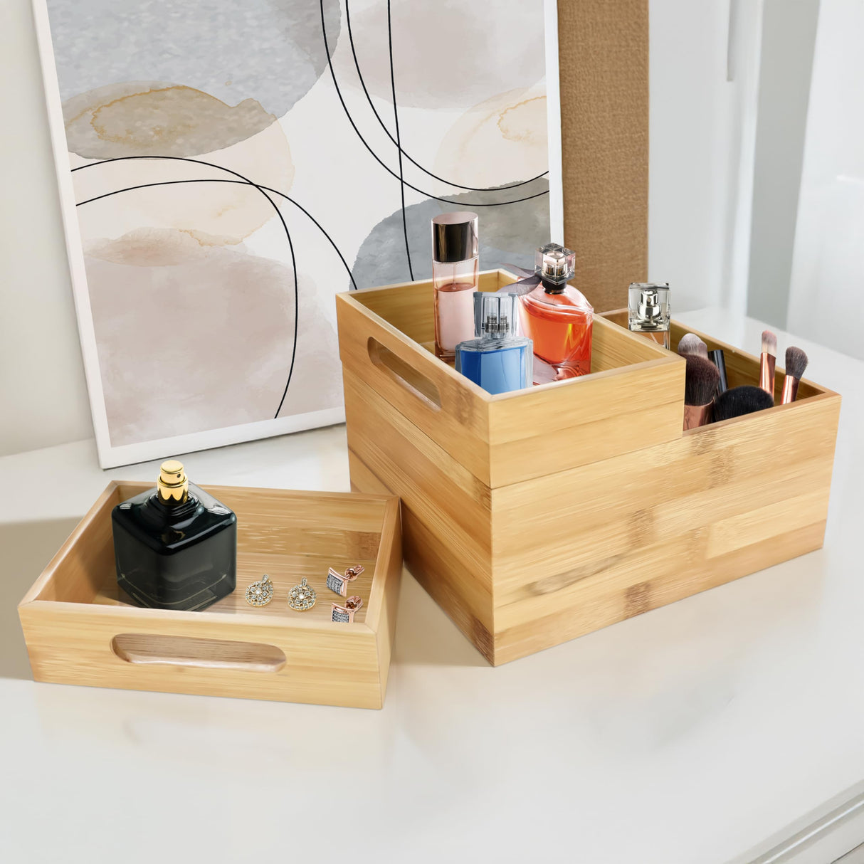 HOMESTEAD 3-Piece Stackable Bamboo Storage Box, Office Desk Organizer, Wooden Boxes for Makeup Drawer Organizer Bathroom, Office Supplies, Kitchen Utensils, Bamboo Storage Containers, Jewelry Tray HOMESTEAD