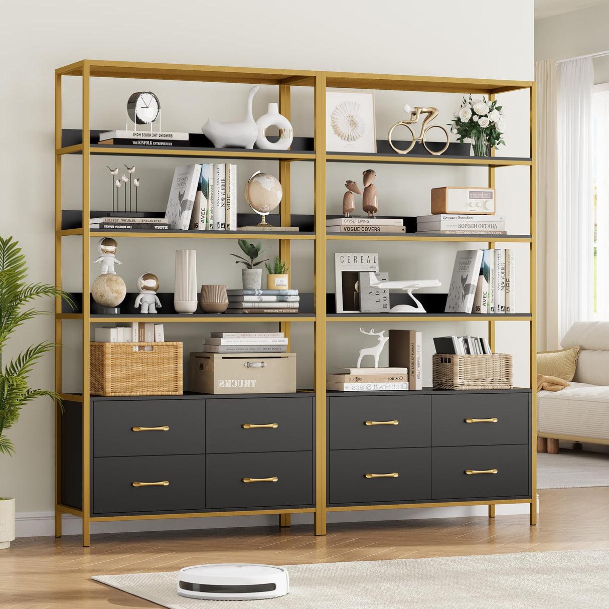 HITHOS 5 Tier Bookshelf with Drawers, 71" Tall Bookcase with Shelves, 35.4" Wide Free Standing Book Storage Shelf, Modern Wood Display Cabinet for Living Room, Study, Home Office, Gold Black HITHOS