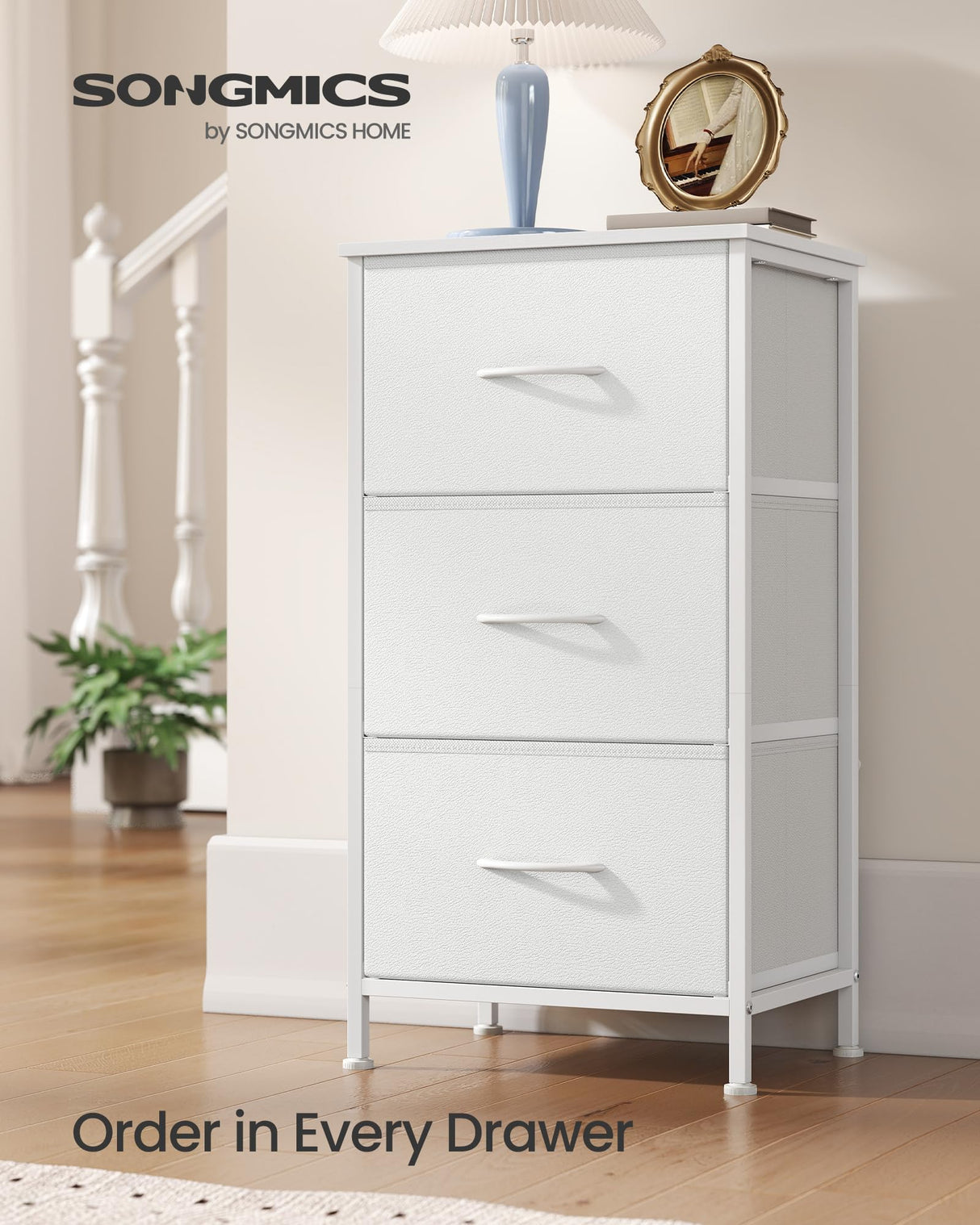 SONGMICS Dresser for Bedroom, Chest of Drawers, Steel, MDF, 3 Non-Woven Fabric Drawers, Storage Organizer Unit, Closet, Entryway, Cloud White and Snow White ULGS313W01S SONGMICS