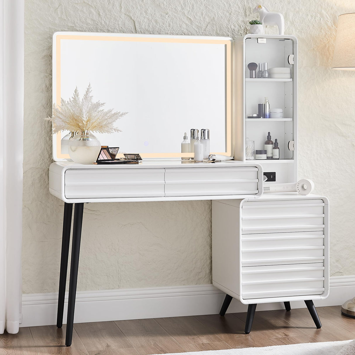 Fluted Makeup Vanity Desk with Large 35" HD Lighted Mirror, 48" Mid Century Modern Glass Top Vanity Table with 5 Drawers & Adjustable Shelf, Dressing Table w/Charging Station for Bedroom, Off White T4TREAM