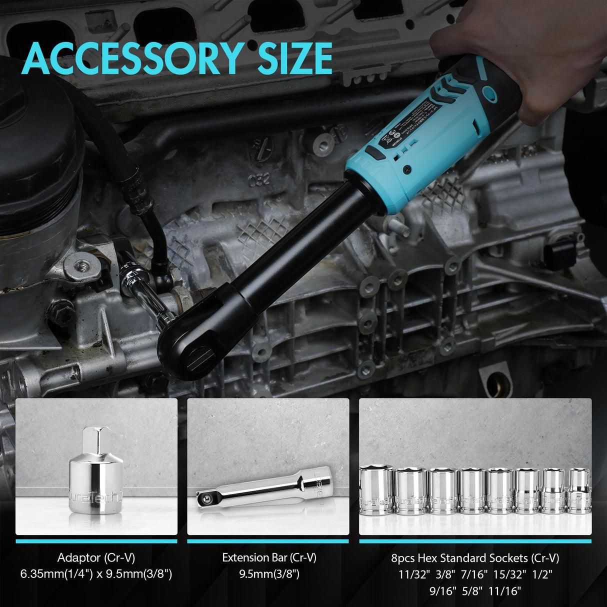 DURATECH Extended Cordless Ratchet Wrench, 3/8" 12V 44 Ft-Lbs Long Neck Electric Ratchet Wrench with 2-Pack 2.0Ah Li-Ion Battery, 1 Hour Fast Charger, 10 Sockets Accessories & Variable Speed Trigger DURATECH