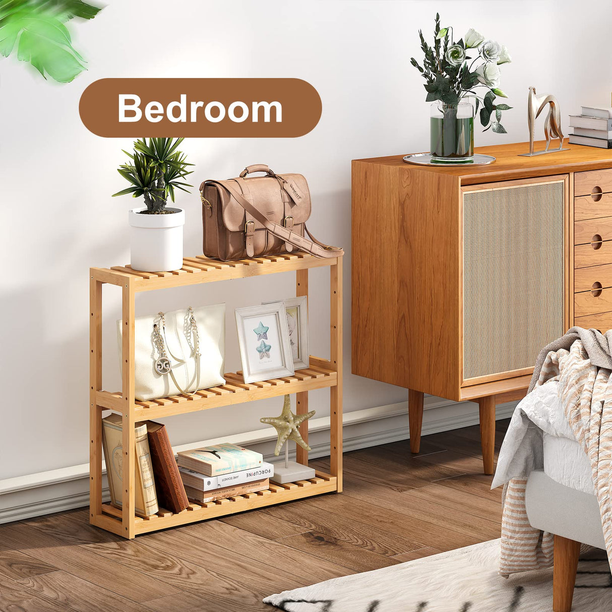 FILWH Bamboo Organizer Rack - Adjustable 3-Tier Storage Shelf, Wall Mounted or Over The Toilet, Living Room, Kitchen (Natural) FILWH