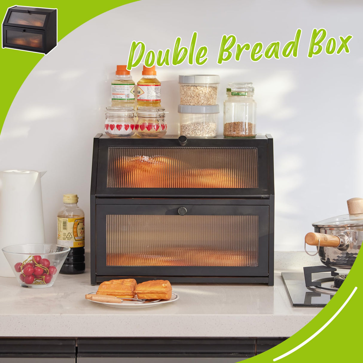 BMOSU Large Bread Box for Kitchen Countertop,Double Layer Bread Box for Kitchen Counter,Bamboo Wood Bread box Capacity Bin Kitchen Storage(Black) BMOSU