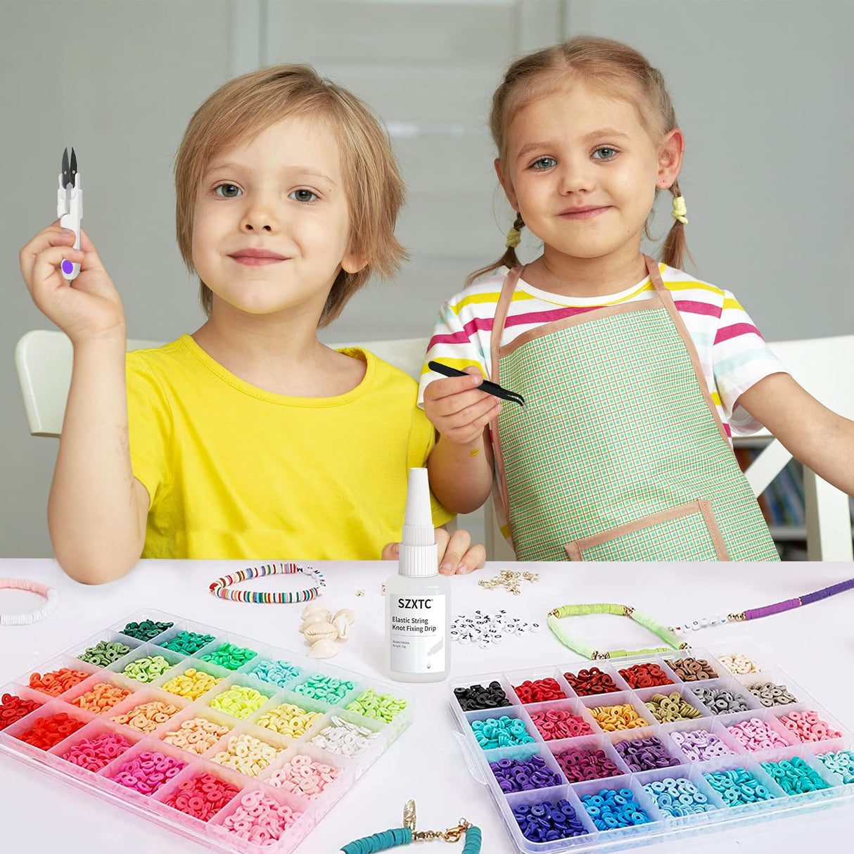 2 Pcs Clay Beads Bracelets Professional Elastic String Kont Fixing Drip, Keep Stretch String Braclet Stay Tied for Flat Round Polymer Heishi Beads Spacer Charm Friendship Jewelry Making Kit SZXTC