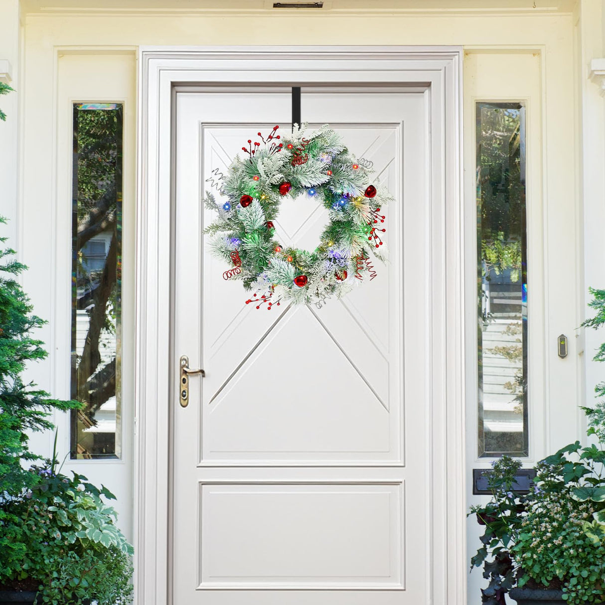 Christmas Wreath for Front Door 24inch - Light Up Artificial Christmas Wreath, Lighted Christmas Wreaths Battery Operated, with Bells and Wreath Hanger, for Front Door Wall Windows Xmas Decoration HOYECHI