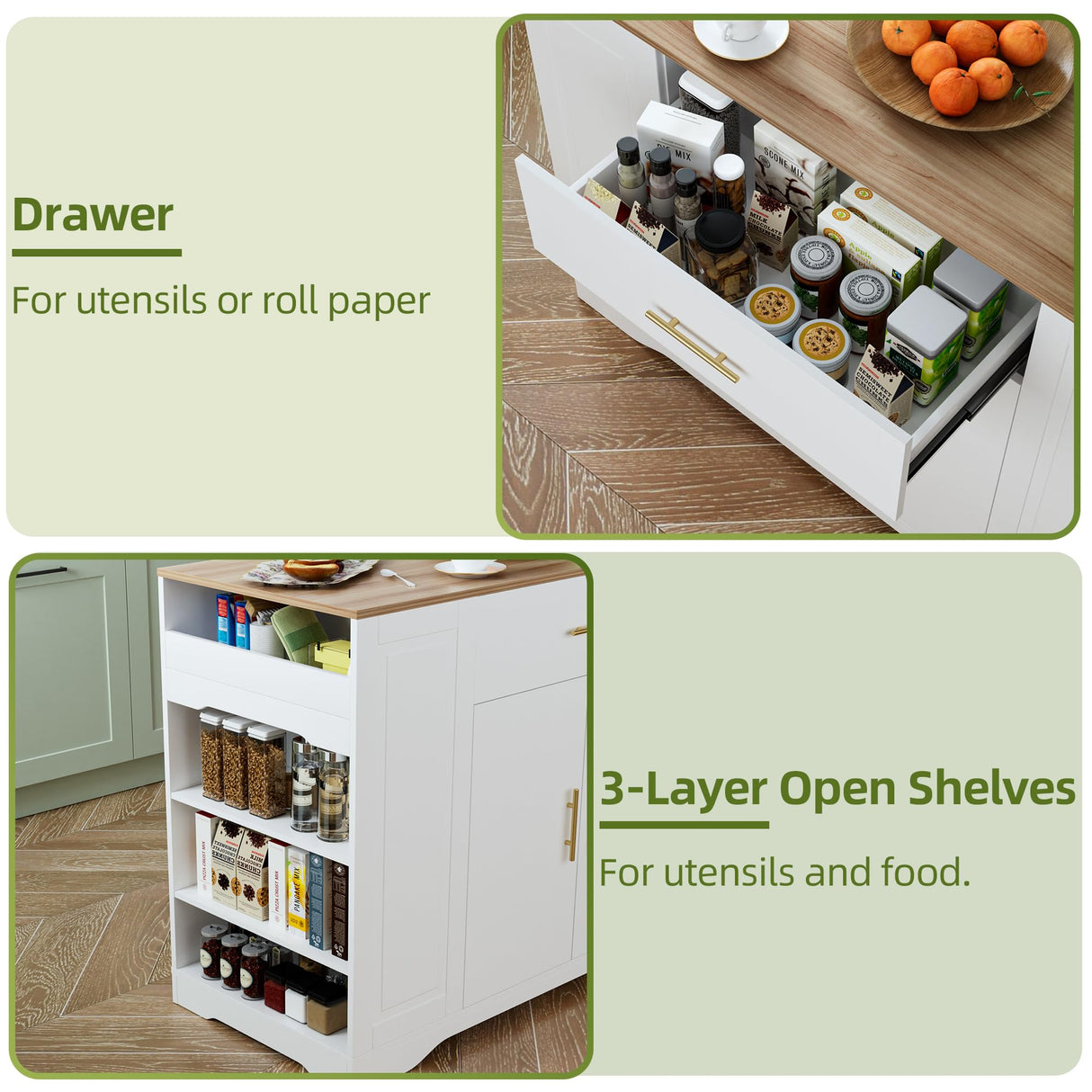 VALONDINO 46.5" Modern Kitchen Island with Trash Can Storage Cabinet, Rolling Kitchen Island Cart on Wheels with Open Side Shelves & Drawers, Storage Cabinet with Inner Adjustable Shelves, White-1 VALONDINO