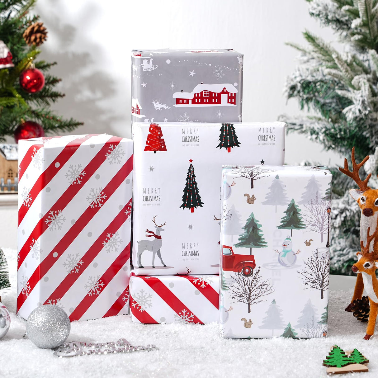 Cuitpan White Christmas Wrapping Paper Bundle for Kids Adults - Reindeer, Stripes, Woodlands, Snowflake, Red Truck Winter Scene Designs - 28 x 40 Inches, 6 Jumbo Sheets, Recycled Cuitpan
