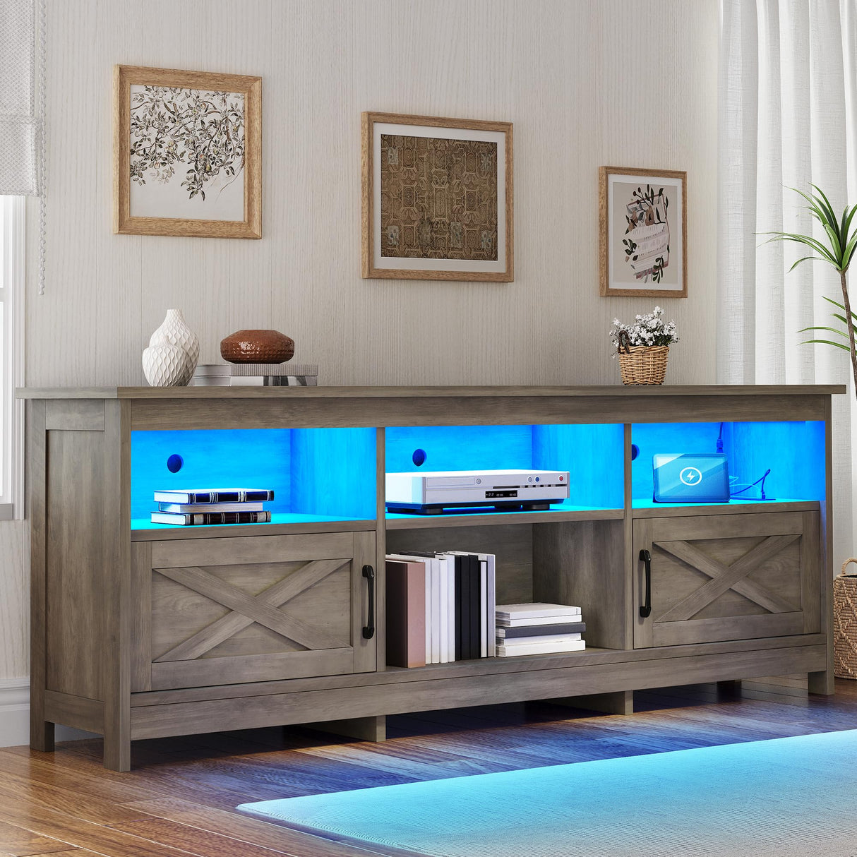 YITAHOME TV Stand for 80/75/70 Inch TVs, Farmhouse Entertainment Center with LED Lights & Storage Cabinets, Open Shelves & Adjustable Shelf, TV Consoles for Living Room, Washed Gray YITAHOME