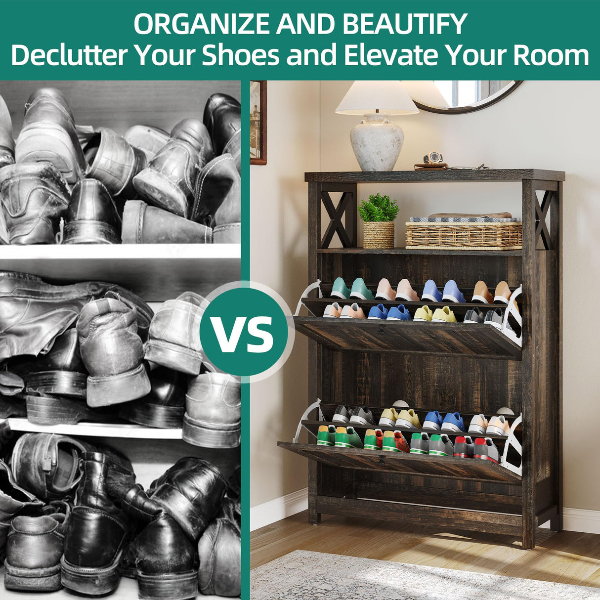 YITAHOME Shoe Cabinet with 2 Flip Drawers, Entryway Shoe Storage Cabinet with Open Shelves, Free Standing Hidden Shoe Rack Storage Organizer for Entryway/Hallway/Closet, Dark Rustic Oak YITAHOME