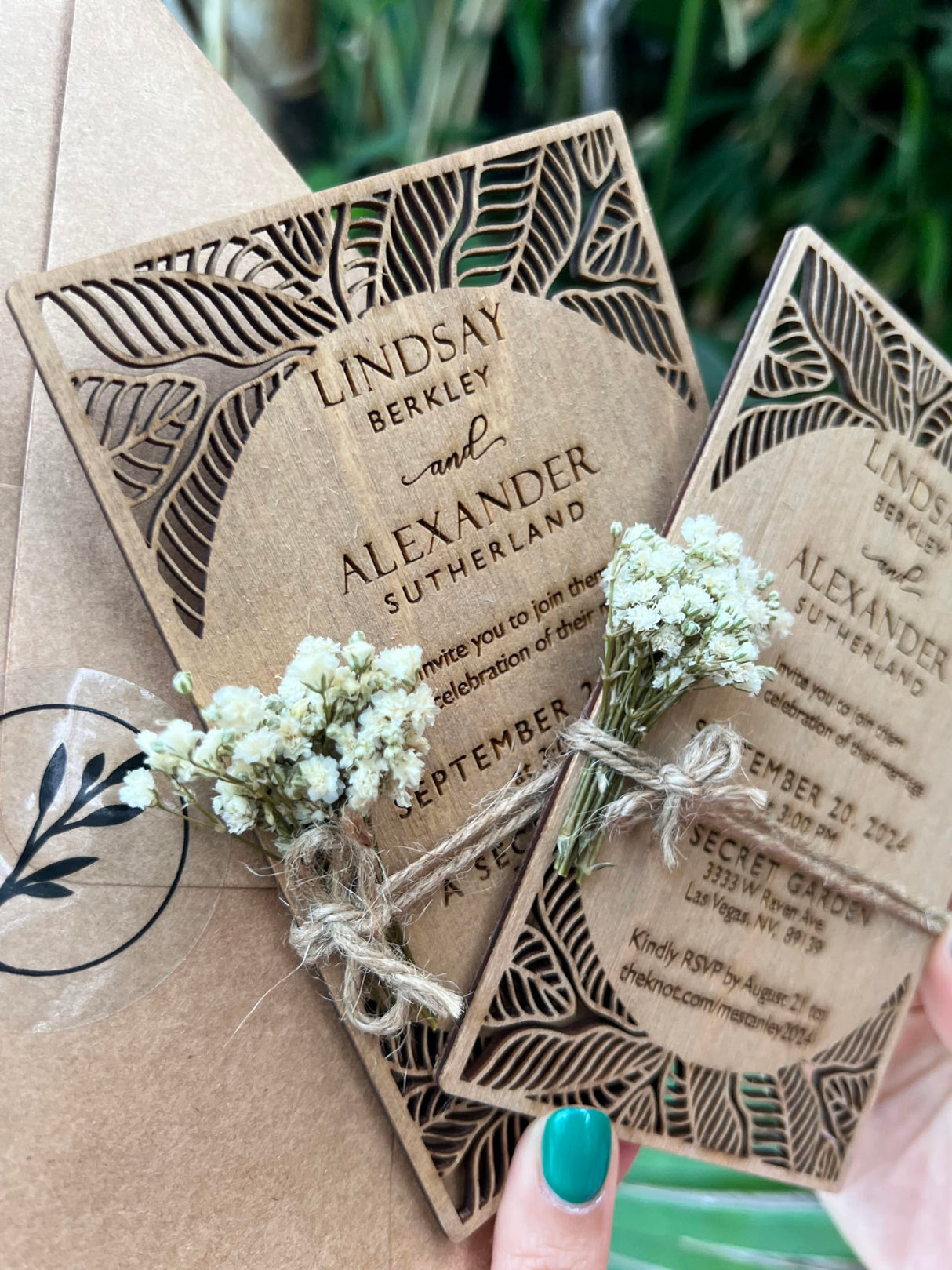 Pack of Personalized Wood Wedding Invitation - Laser Cut Wedding Invitations - White Flower Twined Wooden Invitations with Envelopes & Stickers - vitawed