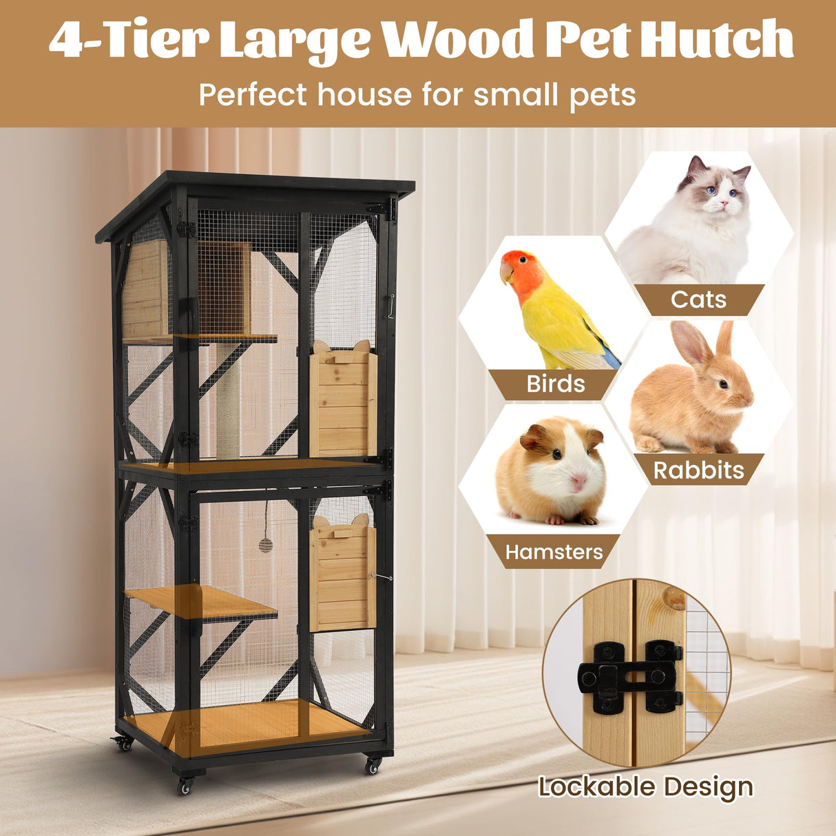 MAGIC UNION 71" Catio Outdoor Cat Enclosure Window Access, 4 Tiers Cats Playpen Catio with Wheels, Resting Box & Waterproof Roof, Indoor Large Cat House Cage with Scratching Post Sisal Ball (Black) MAGIC UNION