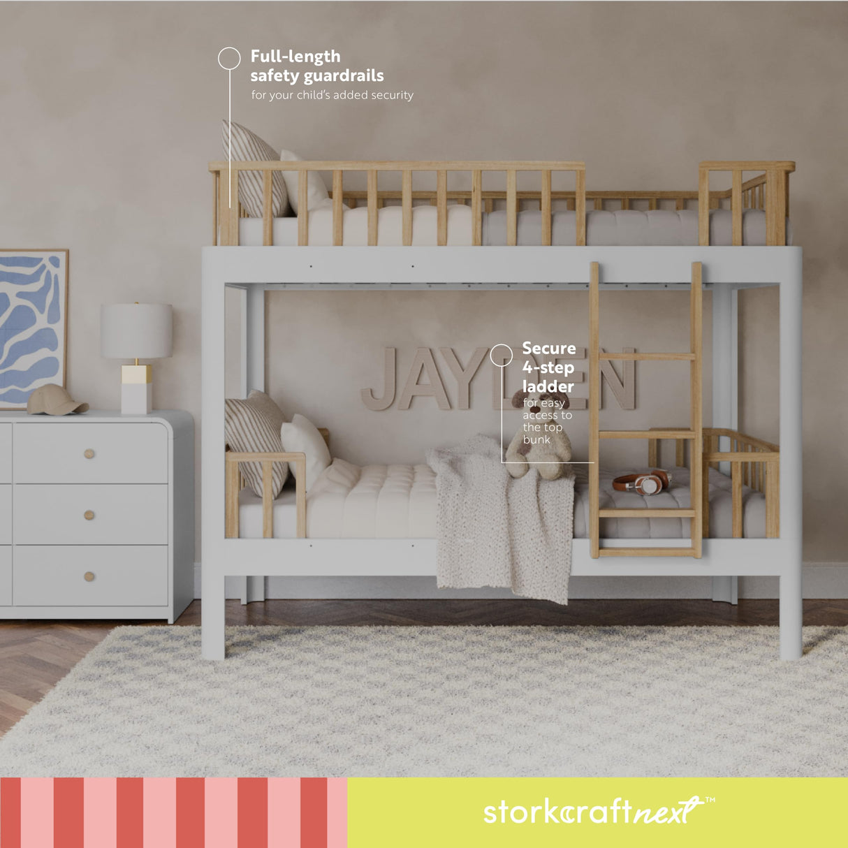 Storkcraft Next Santos Twin-Over-Twin 5-in-1 Convertible Bunk Bed (White with Natural) STORKCRAFT