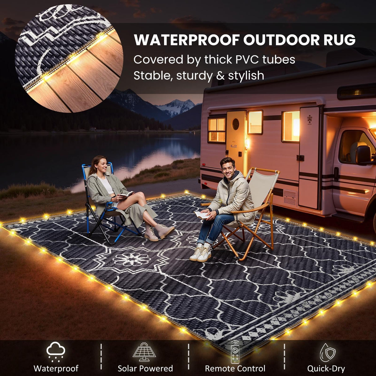 9x12Ft Outdoor Rug, Solar Powered Outdoor Rug with 131LEDs Strip Lights for House Deck, Waterproof Plastic Reversible Outdoor Straw Rugs, Rugs Mat RV Camping Patio Beach Balcony Picnic (Blue White) Capybland