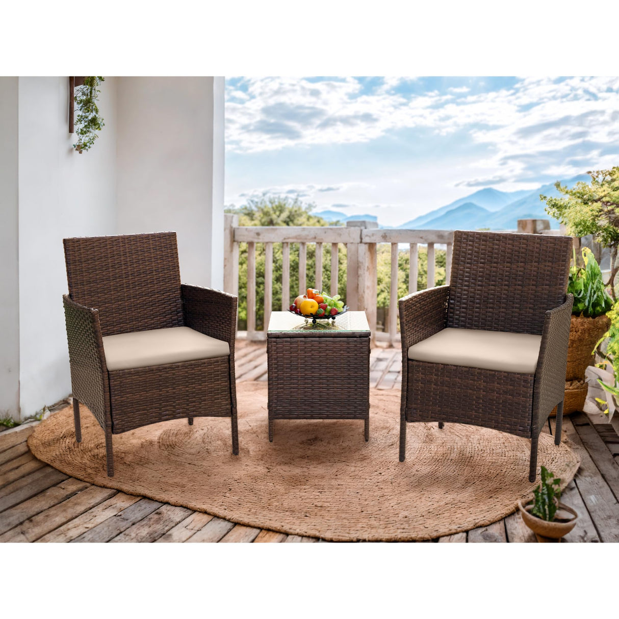 Flamaker Patio Furniture Set 3 Pieces All-Weather Rattan Outdoor Furniture Patio Chairs with Tempered Glass Table for Porch Bistro Balcony (Brown/Cream) Flamaker
