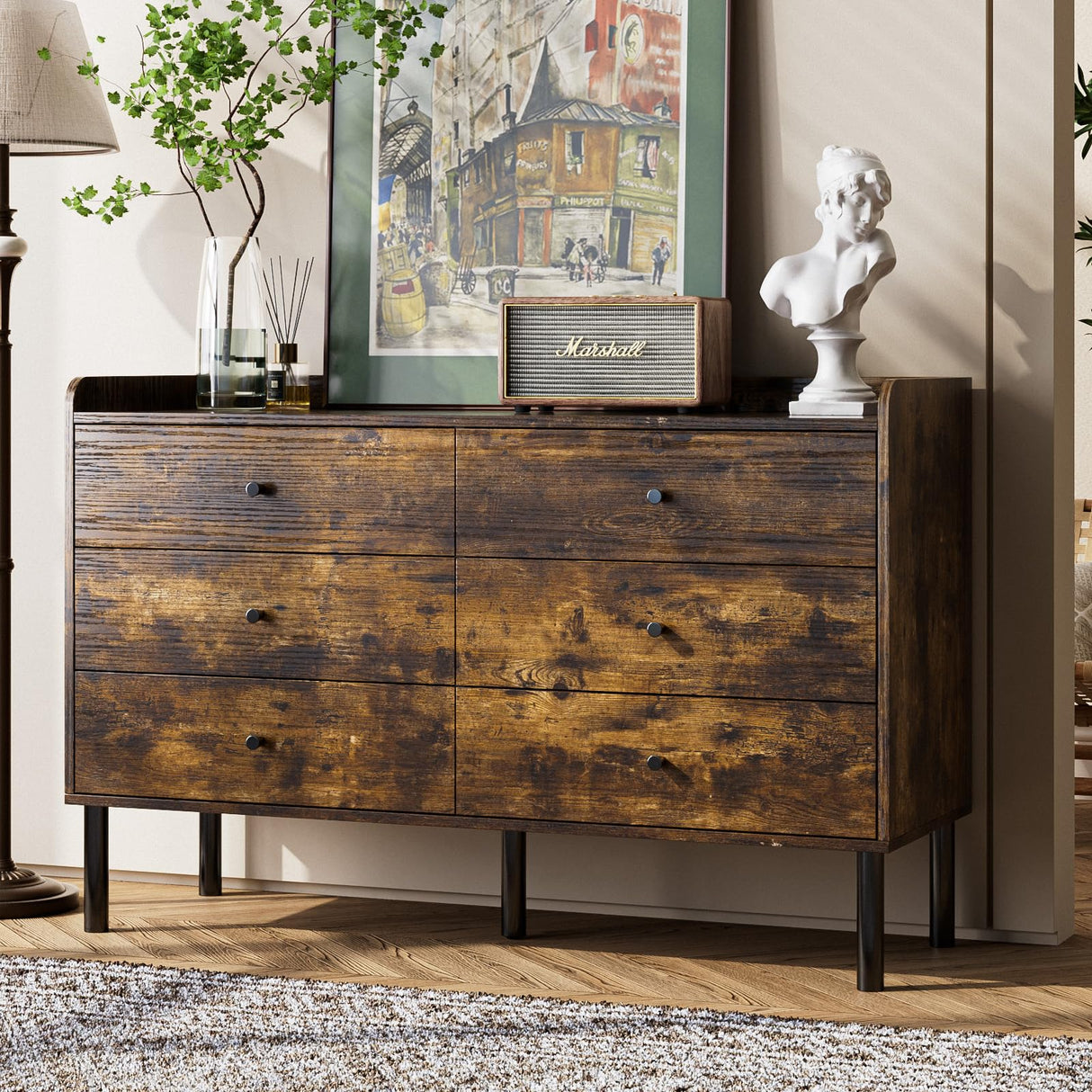 LYNSOM Dresser for Bedroom, 6 Drawer Rustic Brown Dresser with Wide Drawer and Metal Handles, Modern Dressers & Chests of Drawers for Hallway Entryway LYNSOM