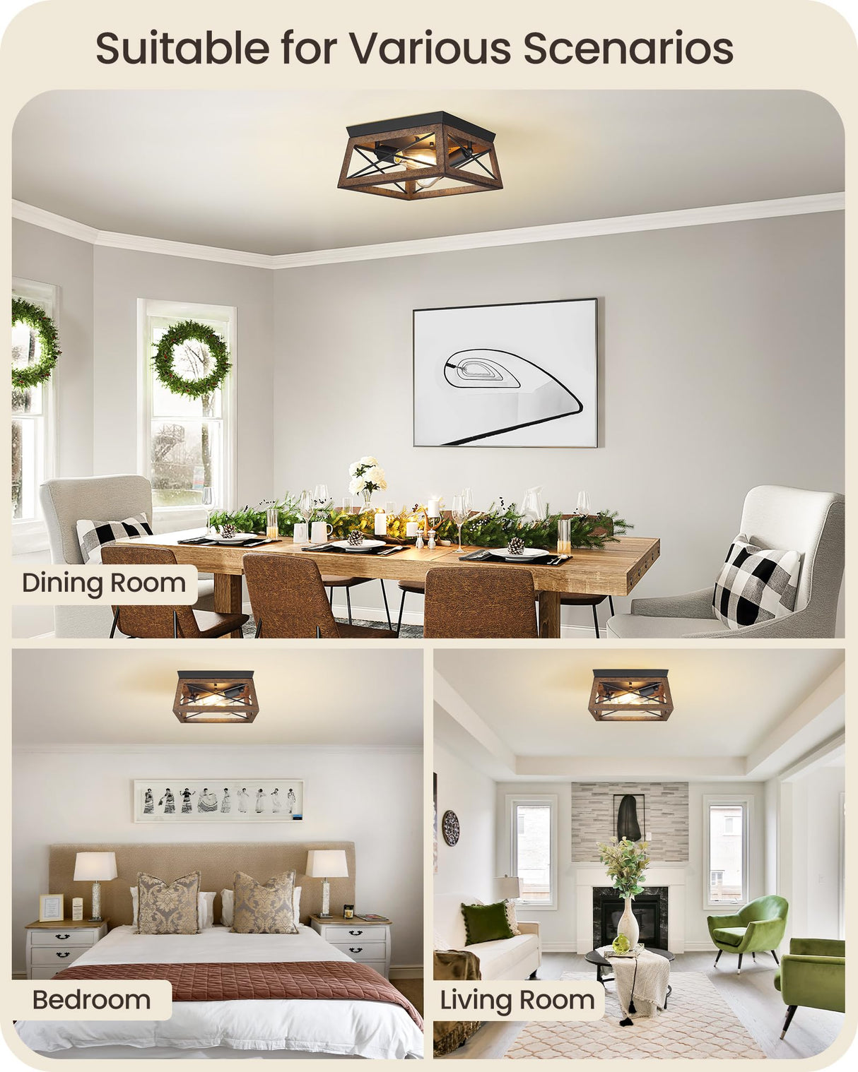 GOEBLESON Light Fixtures Ceiling Flush Mount, Farmhouse Hallway Close to Ceiling Light, Metal Frame Wood Grain, Rustic 2-Light Light Fixtures for Dining Room, Kitchen, Living Room, Brown Black GOEBLESON