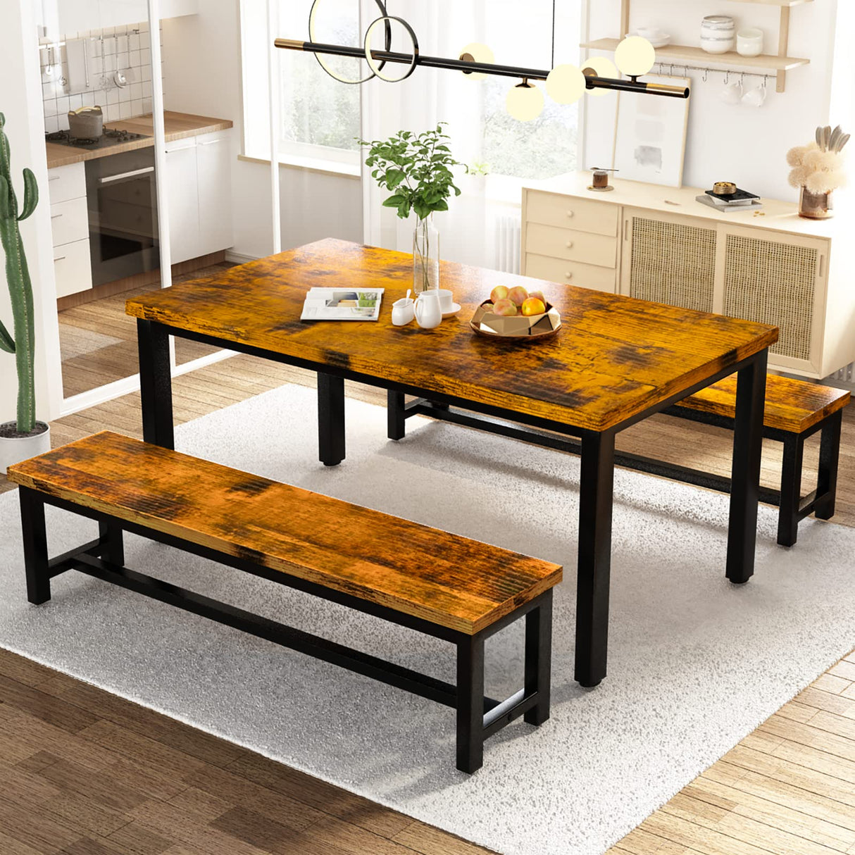 AWQM Dining Room Table Set, Kitchen Set with 2 Benches, Ideal for Home, and Room, Breakfast of 43.3x23.6x28.5 inches, Benches 38.5x11.8x17.5 Industrial Brown AWQM