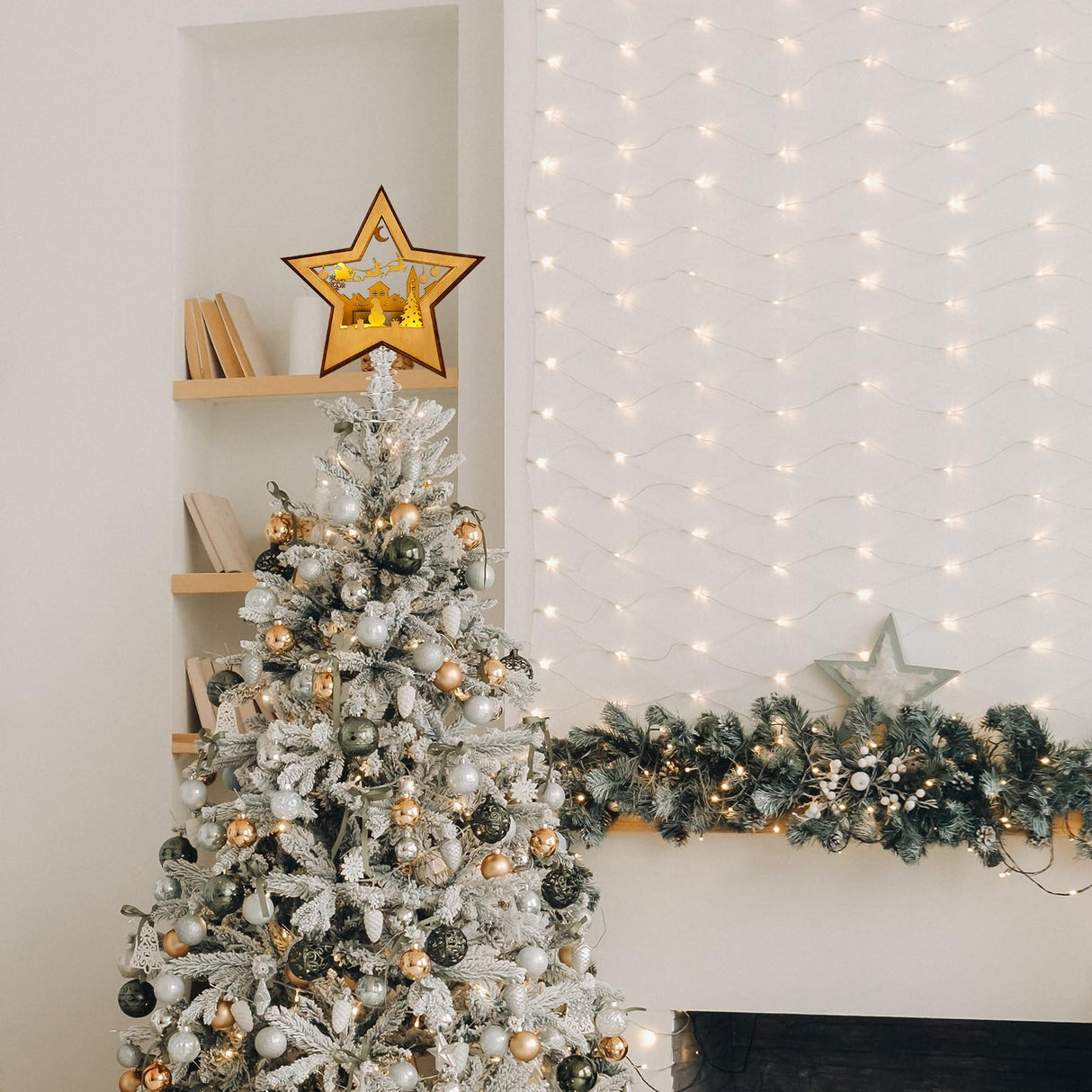 OurWarm Christmas Tree Topper Star Lighted, Wooden Star Tree Toppers Christmas Decorations, Christmas Tree Star Topper with Lights, Rustic Tree Topper for Shelves Tables Indoor Christmas Decorations OurWarm