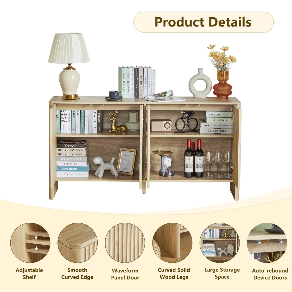 Sideboard Buffets Cabinet, Modern Accent Storage Cabinet with 4 Fluted Doors and Adjustable Shelves, Wood Credenza Buffet Sideboards, Console Table for Kitchen Dining Living Room Entryway (Natural) XUZENEST