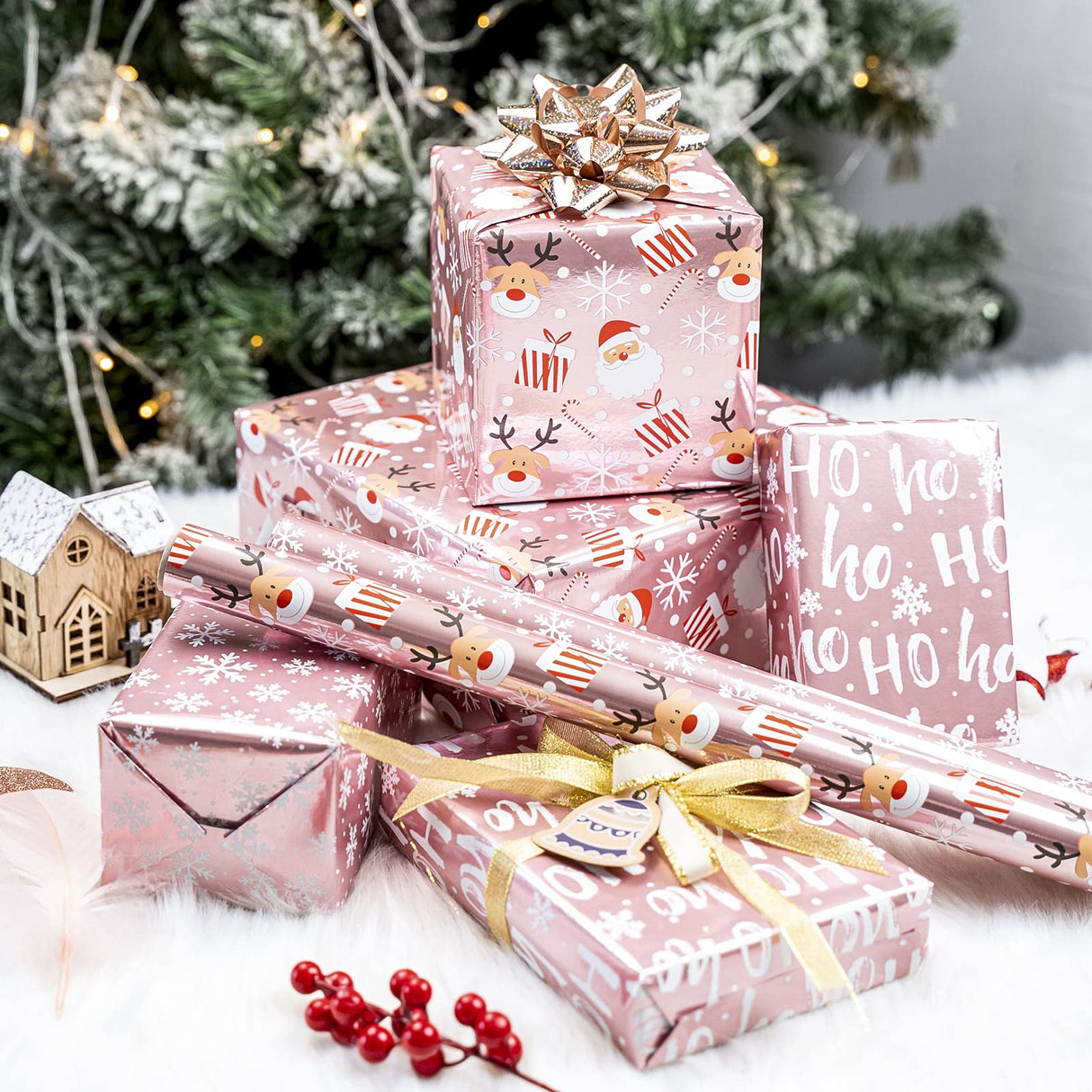 LeZakaa Christmas Wrapping Paper Mini Roll, Pink Metallic Foil Shine Paper - Snowflakes/Santa Claus/HO Print for Gift Wrap, Arts Crafts - 17 x 120 inches - 3 Rolls (42.5 sq.ft.ttl.) LeZakaa