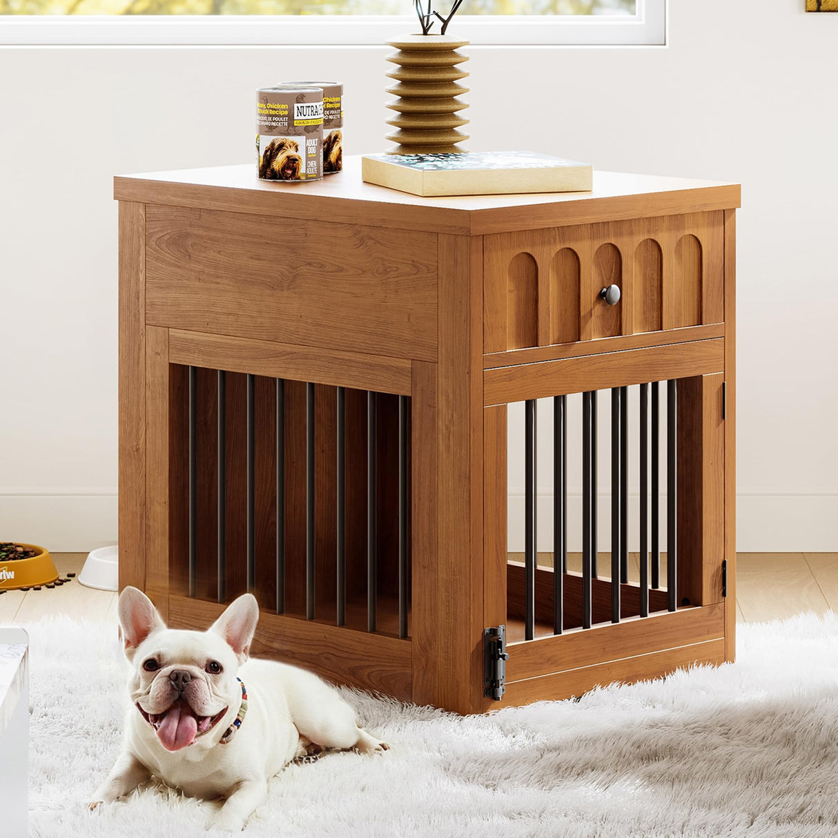 LIKEMET Dog Crate Furniture for Small Dogs, Wooden Dog Kennel with Drawer, Indoor Pet Crate End Table with 1.18-inch Tabletop, Decorative Pet Cage Dog House, Walnut LIKEMET