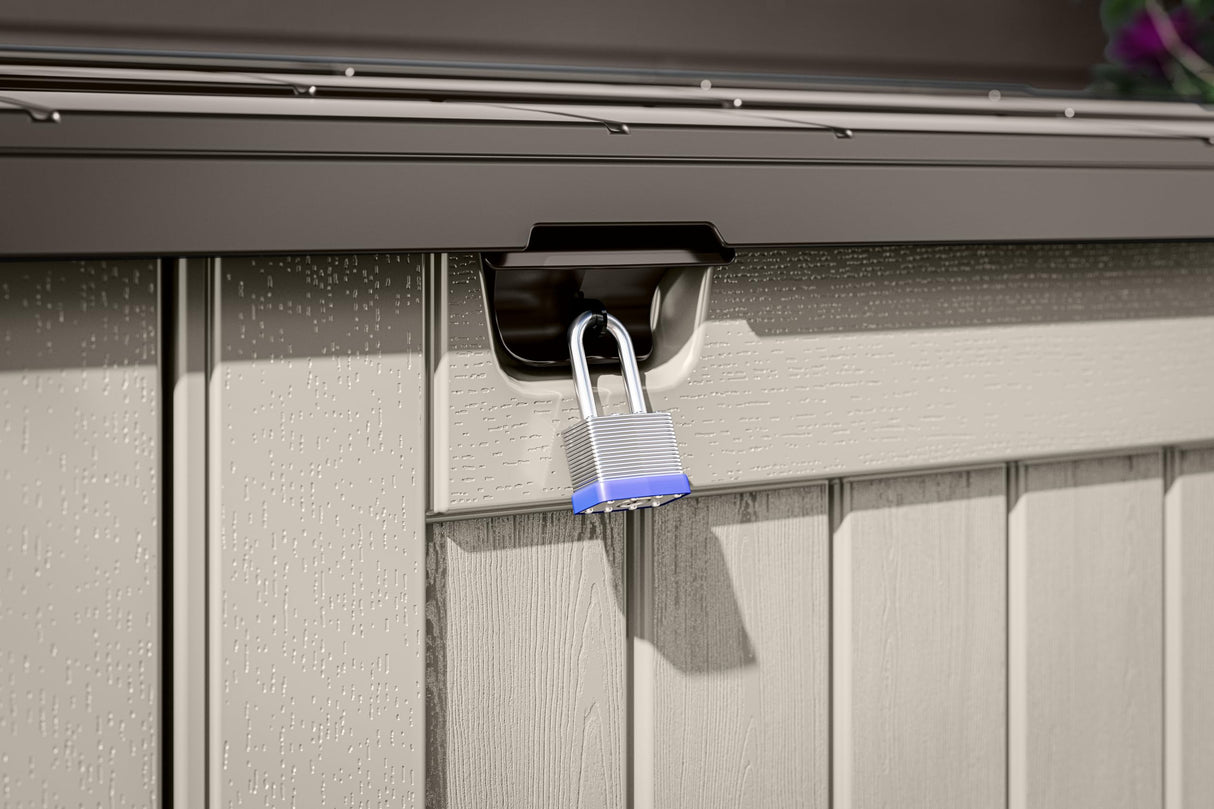 Suncast 5.9 ft. x 3.7 ft Horizontal Stow-Away Storage Shed - Natural Wood-Like Outdoor Storage for Trash Cans and Yard Tools - All-Weather Resin, Hinged Lid, Reinforced Floor - Made in The USA Suncast