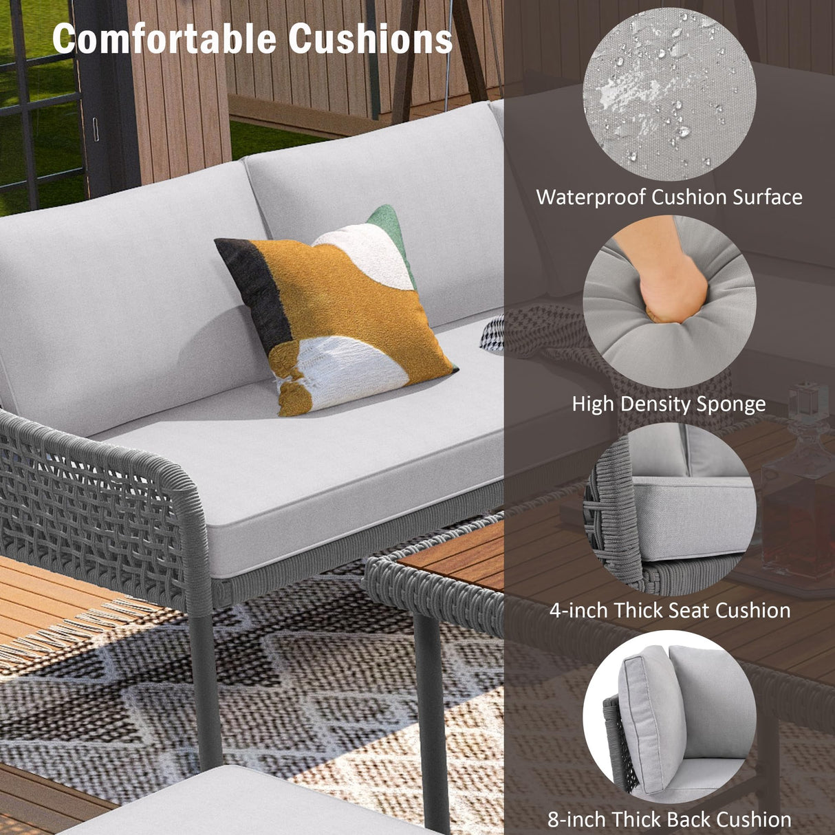 Merax 6 Piece Rope Patio Furniture L-Shaped Set, Outdoor Sectional Sofa Set with Acacia Wood Table with Ice Box, Rope Benches, Rope Conversation Set with Deep Seating & Thick Cushion for Couch,Grey Merax