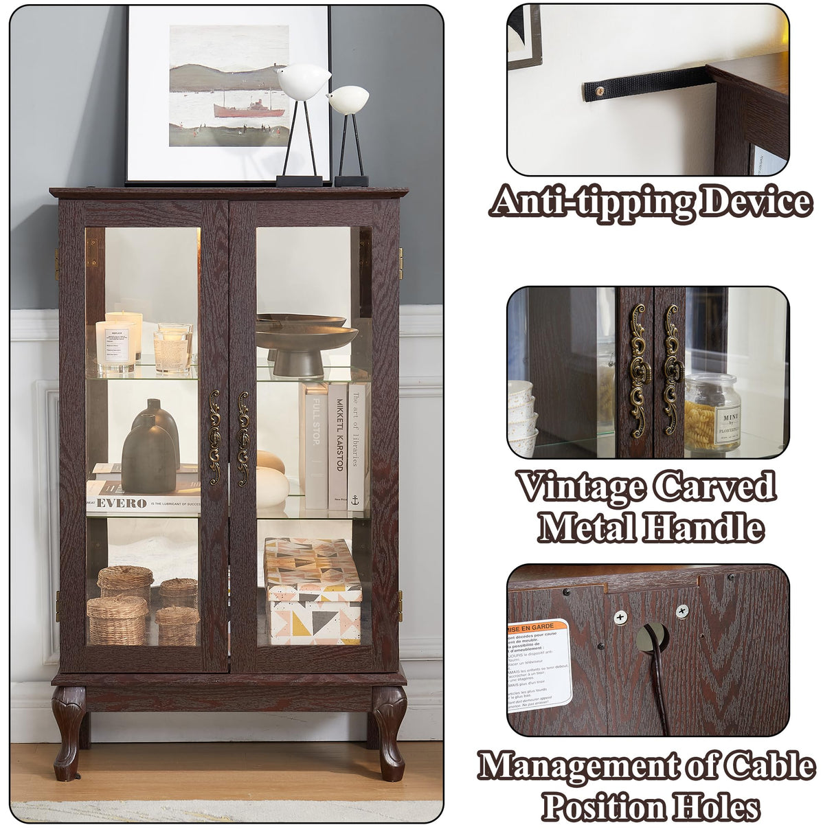 nifoti 43" H Lighted Curio Cabinet Display Case, Glass Curio Cabinet with Adjustable Shelves and Tempered Glass Door, Wooden Curio Cabinet w/Mirrored Back Pane for Living Room (Dark Cherry) nifoti
