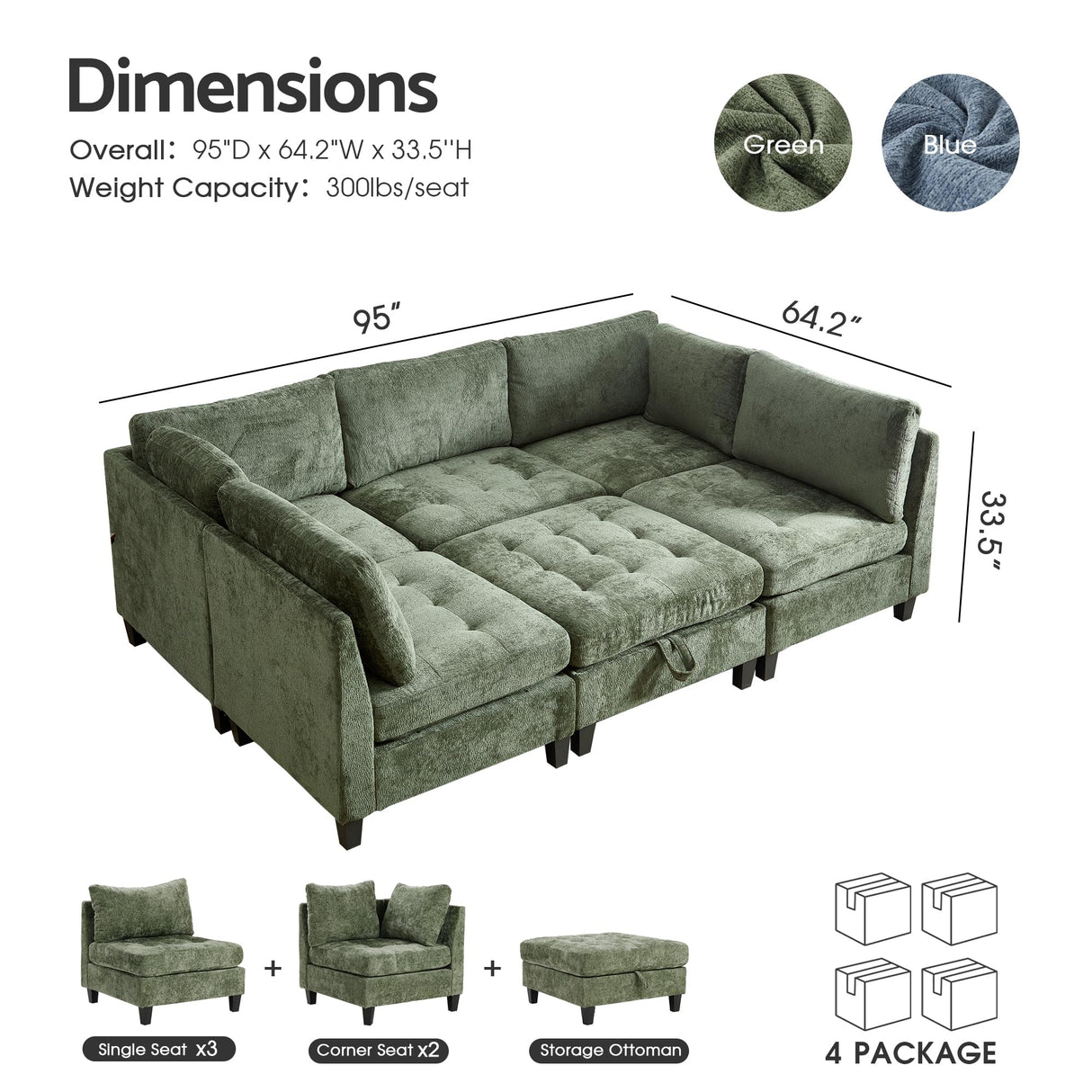 Luxe Oversized Modular Sectional Sofa, Modern Chenille Convertible Sleeper Sofa with Storage Ottoman, Comfy Deep Seat U-Shaped Cloud Couch for Living Room(Green,5-Seater + 1*Ottoman+ Tea Tray) smilesun