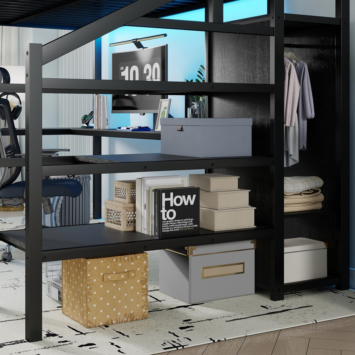 Queen Size Loft Bed with Desk and Stairs, Gaming Loft Bed with RGB LED Light and Storage, Heavy-Duty Metal Loft Beds Frame with Wardrobe, Shelves and Charging Station for Adults Kids Teens, Black Mirightone