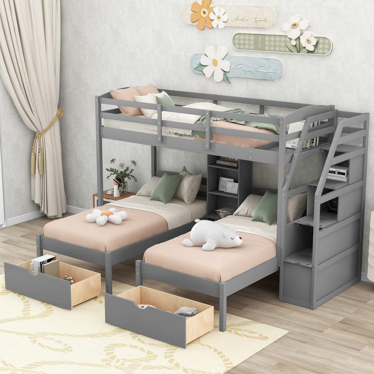 Harper & Bright Designs WoodenTriple Bunk Beds with Stairs & Storage Drawers,Twin Over Twin Bunk Bed for 3 Kids,3 Bunk Beds Frame with Built-in Shelves for Kids,Teens,Adults,No Box Spring Needed,Gray Harper & Bright Designs