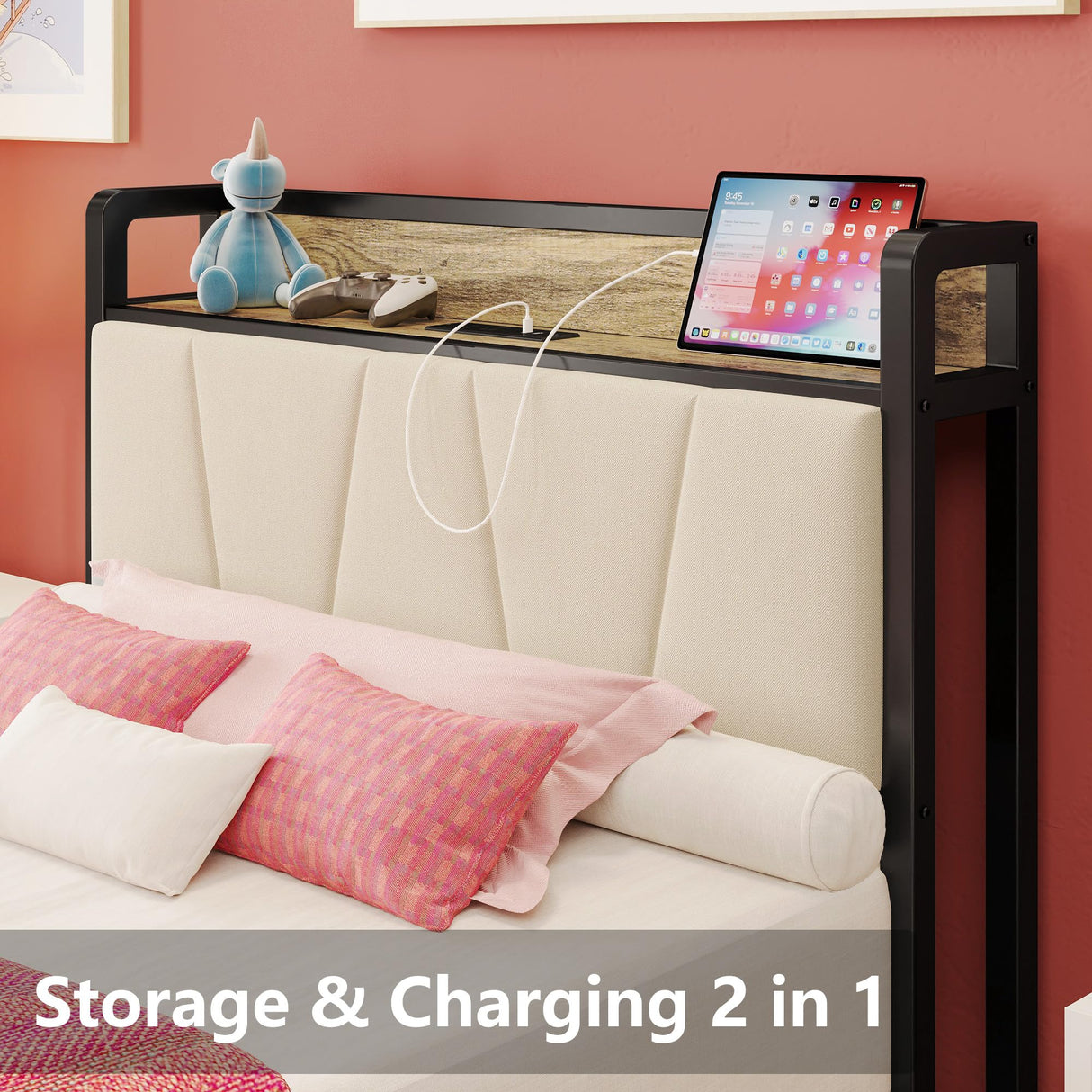 LIKIMIO Twin XL Bed Frame with Storage Headboard and Charging Station - Stylish Walnut and Beige Design LIKIMIO