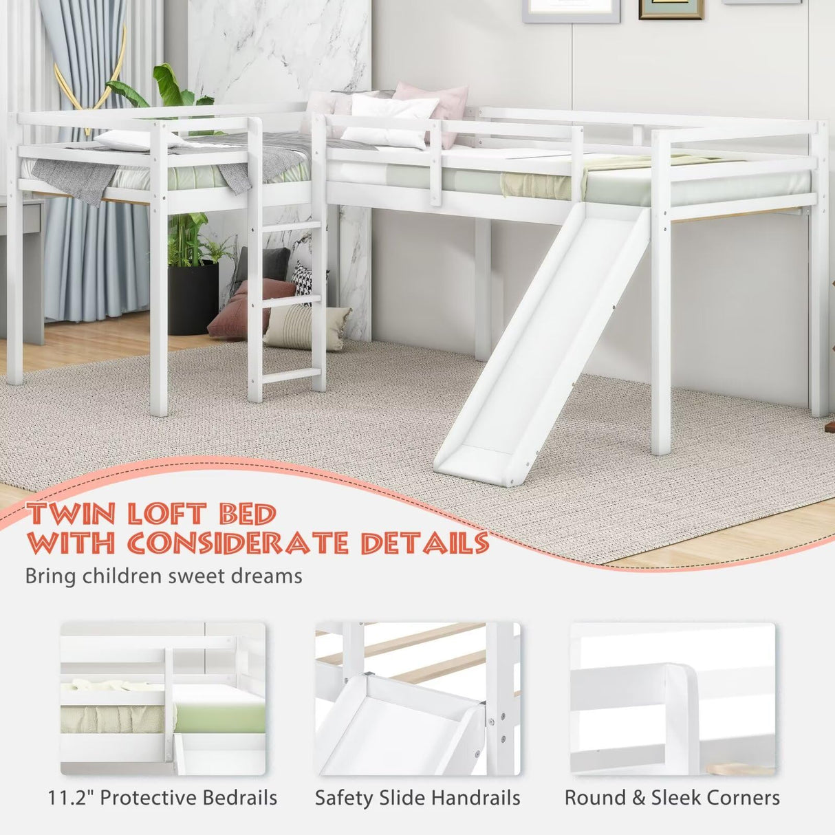 Merax Wooden Twin Size Double Loft Bed with Slide and Ladder, L-Shaped Bed Frame with Full-Length Guardrail, Wood Bedframe for Kids Teens Adults Bedroom, 2 Twin Beds,White Merax