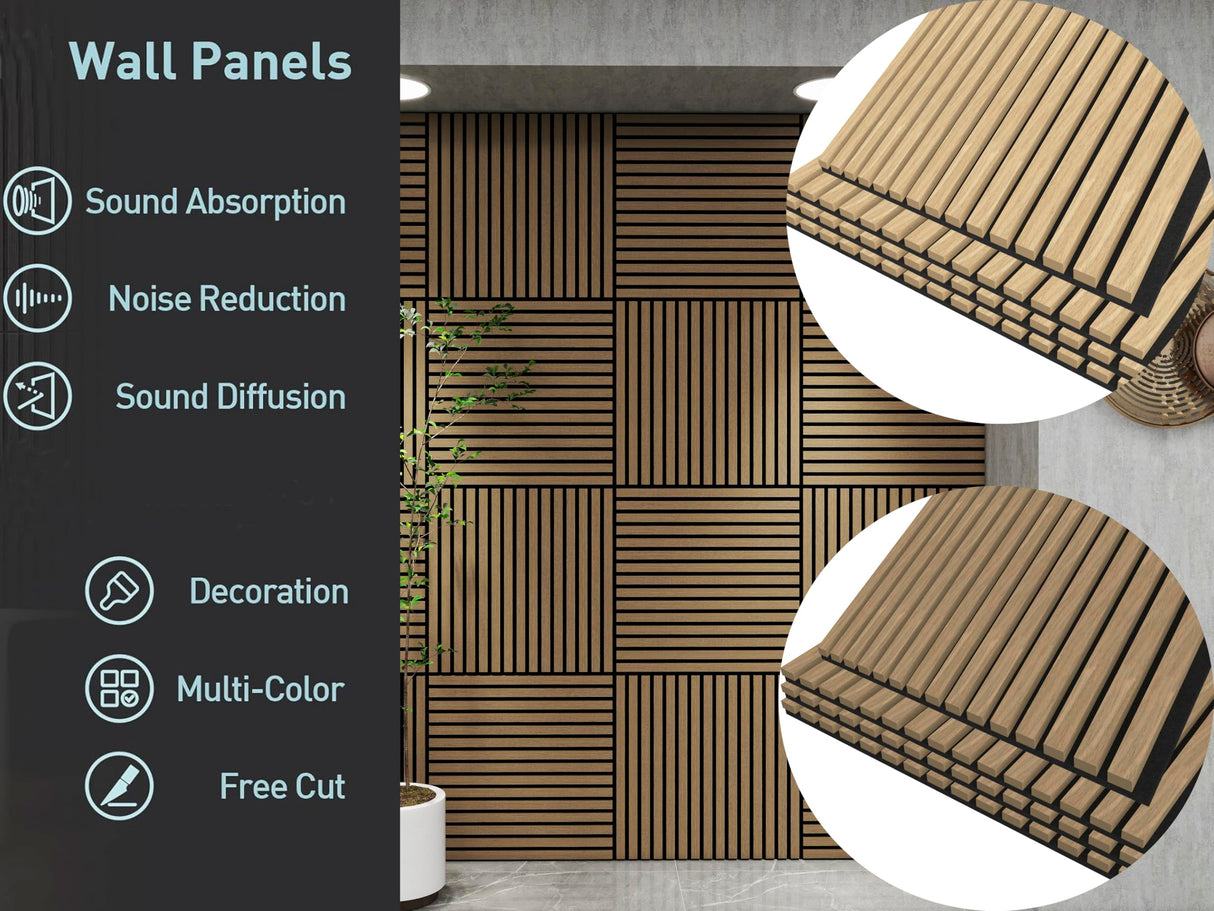 TRAIN2 ART 4 Pcs Wood Slat Acoustic Panels, 3D Fluted Wood Panel Sound Absorbing Panel for Wall and Ceiling, Decorative Sound Proof Panels Easy Installation (Walnut, 4pcs - 23.6 X 23.6 in) TRAIN2 ART