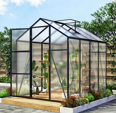 Vigo huseeo 7.2FT High 6*8.2FT Greenhouse for Outdoors,Polycarbonate Greenhouse with Stronger Wind Protection and Roof Vent,Walk-in Large Aluminum Sunroom Winter Proof,Black