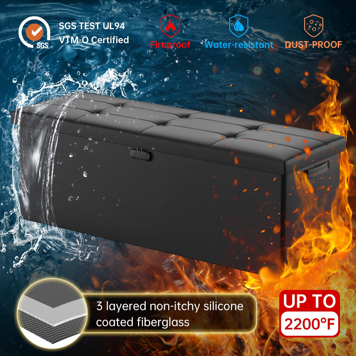 DocSafe Storage Ottoman Bench,Fireproof&Waterproof Folding Bench with Lock(15”x 43”x15”),Leather Storage Chest with Handles&2 Extra Boxes,Ottoman Safe for Bedroom,Living Room,Home Office,Black DocSafe