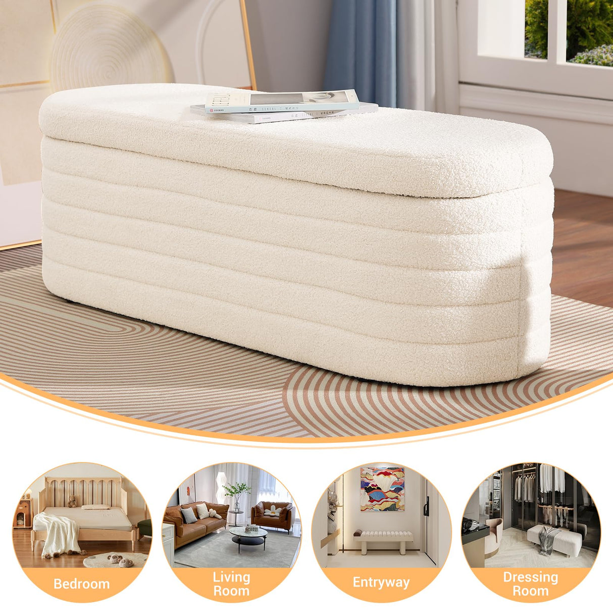 OuchTek Teddy Storage Ottoman Bench Modern Upholstered Storage Bench Sherpa Window Entryway Bench Oval White Ottoman with Storage for Living Room Bedroom Bench End of Bed OuchTek