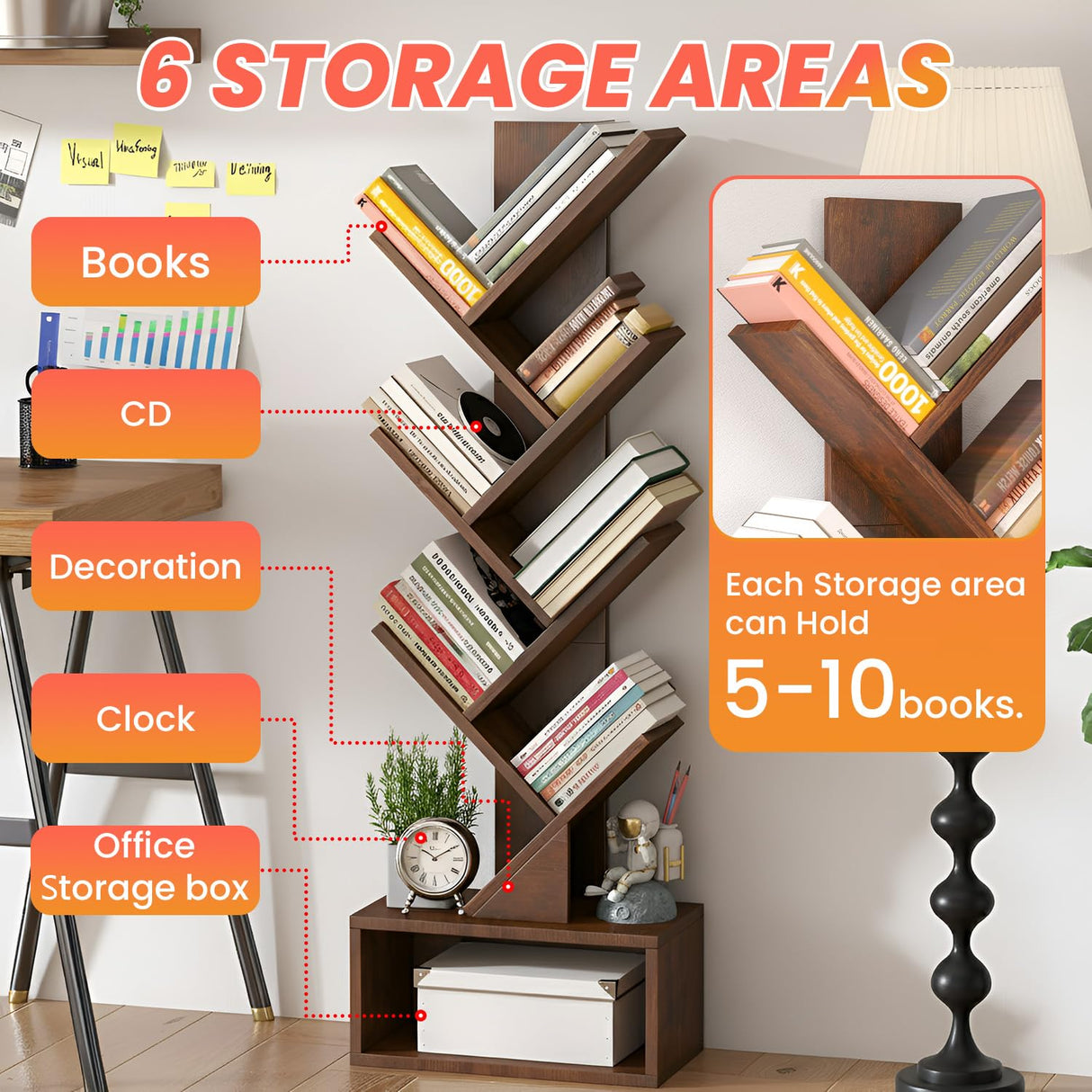 FDW 7 Tier Tree Bookshelf, Rustic Brown Floor Standing Bookcase with Storage Cabinet, Tall Narrow Bookshelves Organizer for Bedroom/Living Room/Home Office Corner FDW