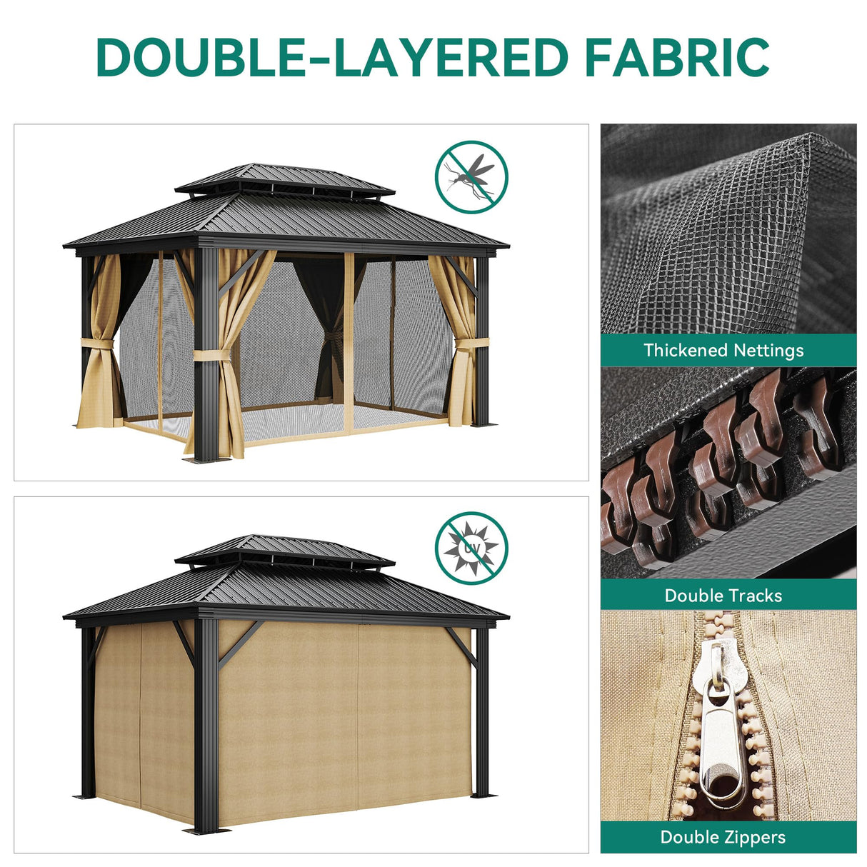 DWVO 12x14ft Hardtop Gazebo Double Roof with Nettings and Curtains, Heavy Duty Galvanized Steel Outdoor Vertical Stripes Roof for Patio, Backyard, Deck, Lawns, Brown DWVO