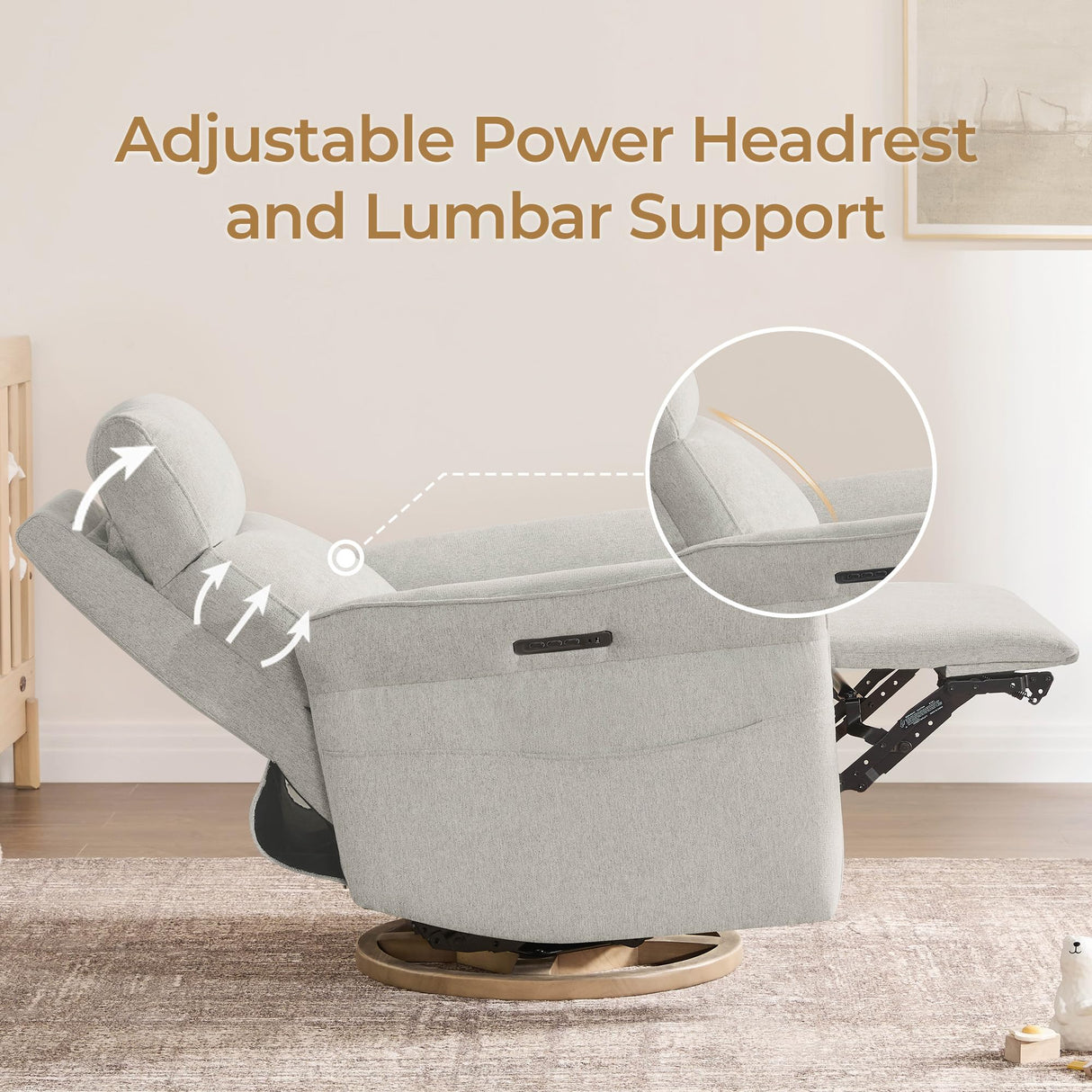 CHITA Power Recliner Chair, Electric Triple-Motor Swivel Glider Nursery Rocking Chair with Adjustable Power Headrest and Lumbar Support, Solid Wood Base, Crockery Grey CHITA