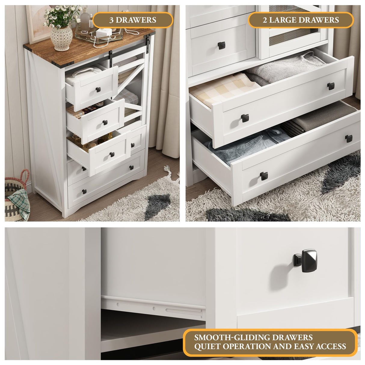 Vabches 5 Drawer Dresser, Sliding Barn Door, Farmhouse Tall Dresser Tall Chest of Drawers Storage Organizer Dresser for Bedroom Living Room, Entryway, White Vabches