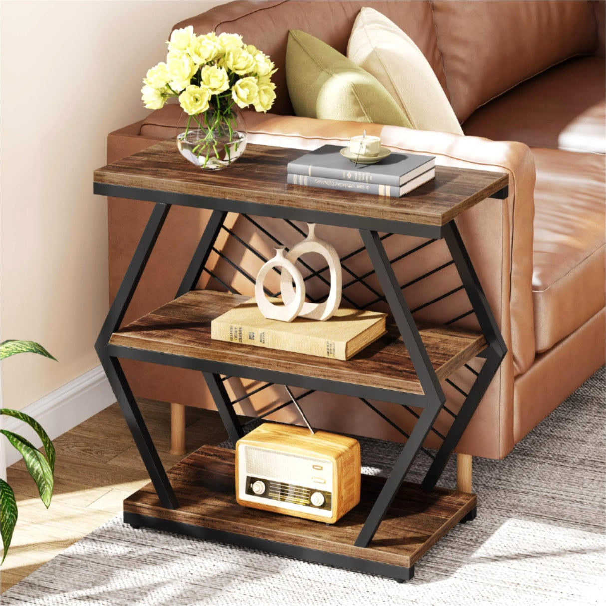 Tribesigns End Table, Industrial Side Table with 3 Storage Shelves, Wood Sofa Side Table with Geometric Metal Frame, Bedside Table for Living Room, Bedroom (1PC, Rustic Brown) Tribesigns