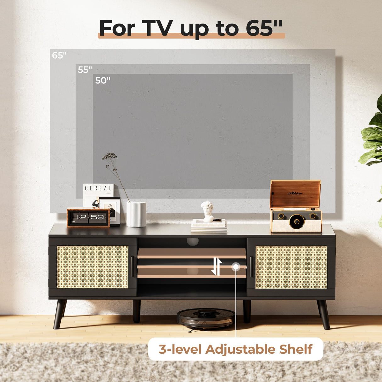 SUPERJARE 65 Inch TV Stand, Entertainment Center with Adjustable Shelf, Rattan TV Console with 2 Cabinets, Media Console, Solid Wood Feet, 4 Cord Holes, for Living Room, Black SUPERJARE