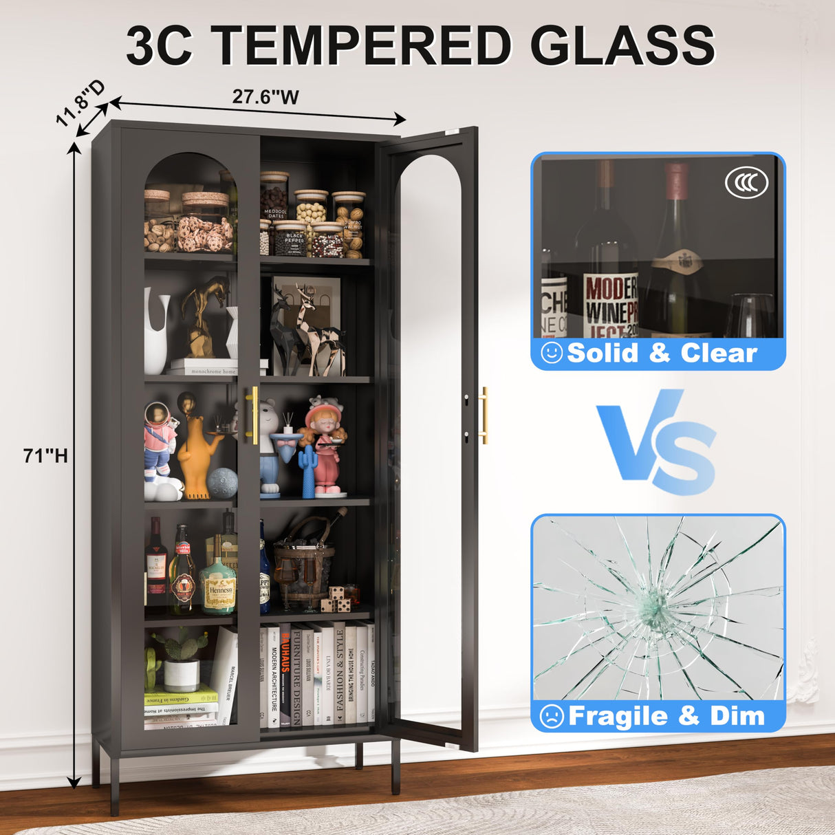 CBNTKI Metal Storage Cabinet,Glass Curio Display Cabinet with 4 Adjustable Shelves,71'' Tall Bookshelf with Glass Doors,Black Cabinet for Home Office, Living Room, Kitchen,Pantry CBNTKI