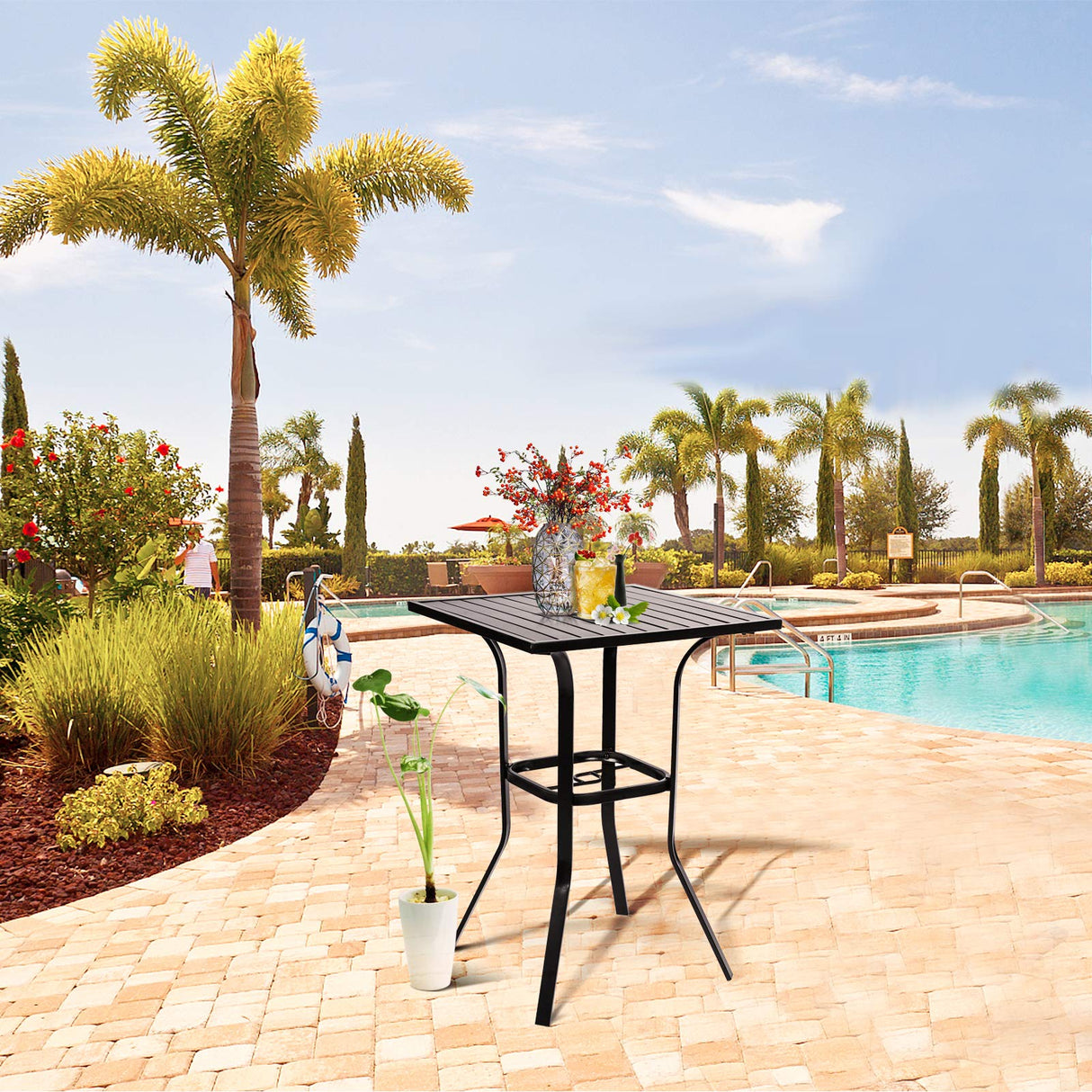 Betterland Patio Bar Table, Outdoor Square Bar Height Table Metal Bar Bistro Table, Metal Frame & Slat Tabletop with 1.57" Umbrella Hole Betterland